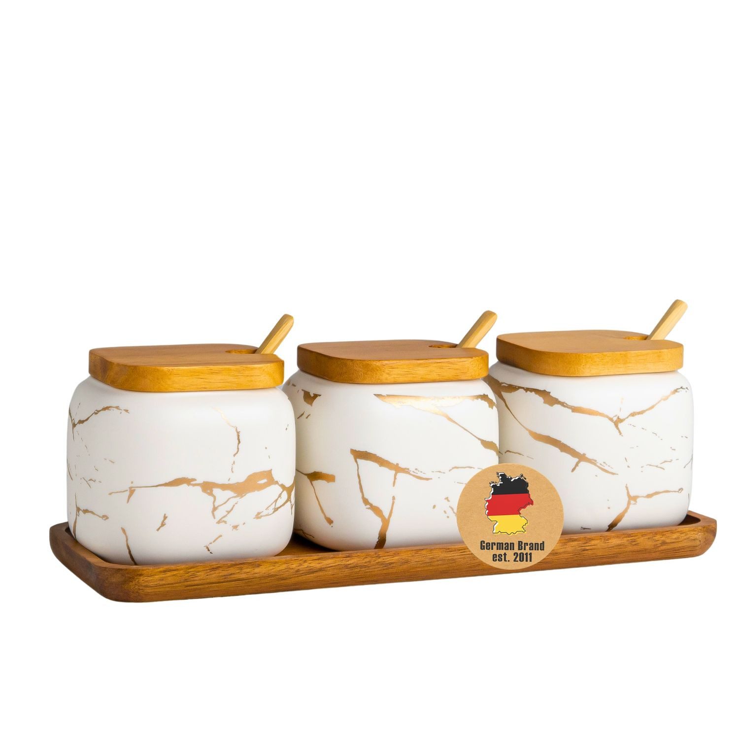 Intirilife Zuckerdose, Keramik, (Set, 3-tlg., 3er Set mit Deckel und Löffel), Zuckerdose mit Deckel Löffel Gewürzbehälter Vorratsdose Keramik 3-tlg.