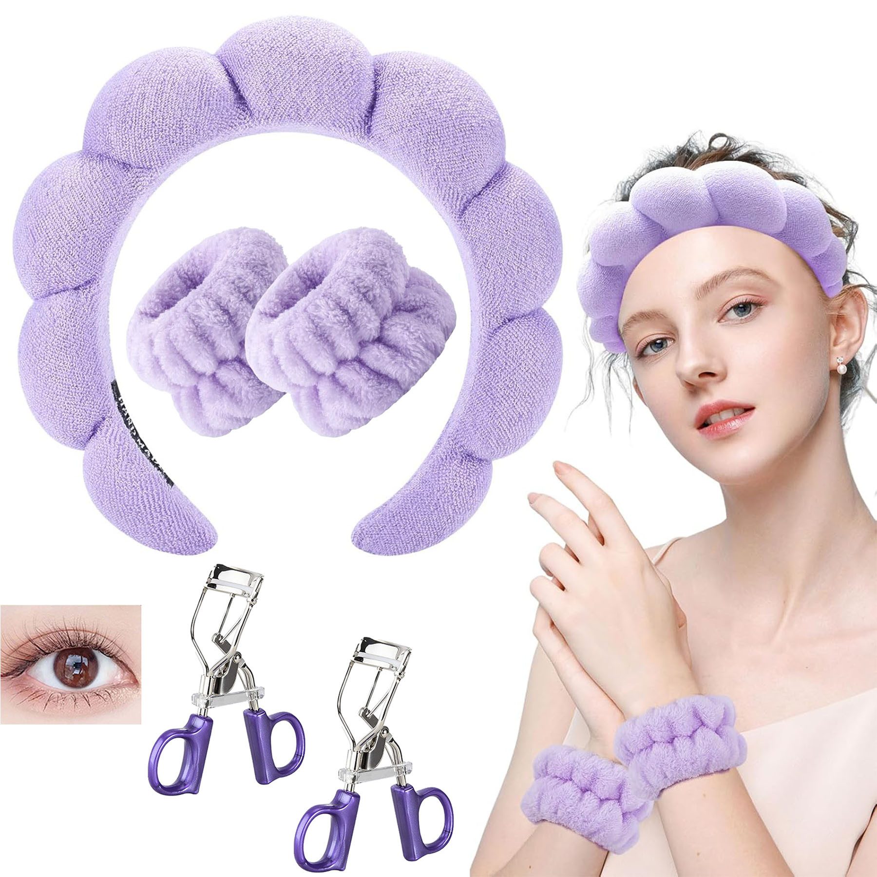 Mutig Haarband Spa-Stirnband-3-Set mit Handgelenkbändern,Gratis 2er-Set Wimpernzange, weiches, gepolstertes Haarband,Wimpernzange für Dauerhaften Schwung, Rutschfest, dickes Haar-Accessoire für Frauen und Mädchen (Lila), Universelle Wimpernzange mit schlichtem, modernem & praktischem Design