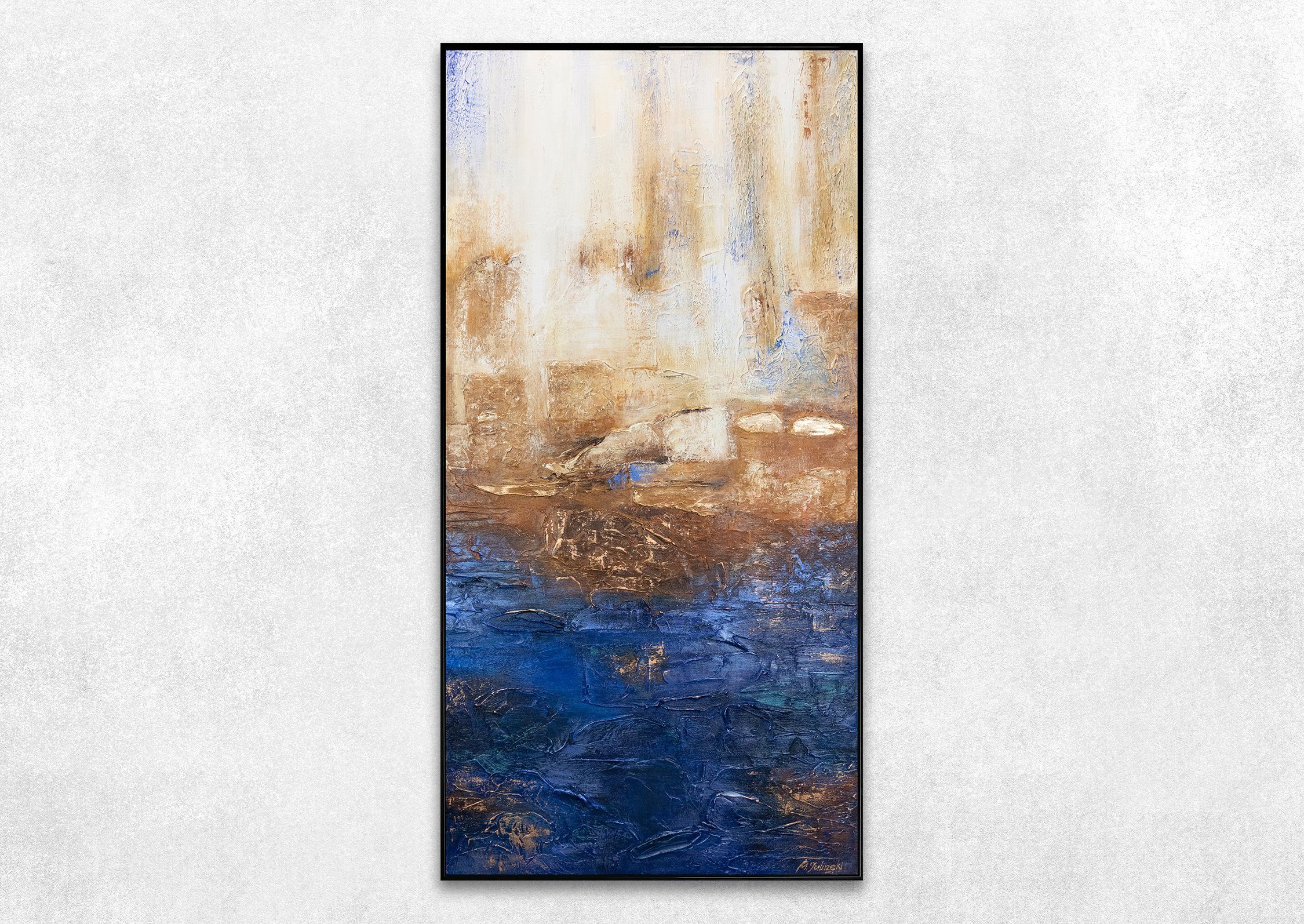 Blau Bild Mit Bilder, Gemälde Marine Handgemalt Rahmen YS-Art Gold II, Abstrakt Vertikales Schwarz Abstrakte in Leinwand