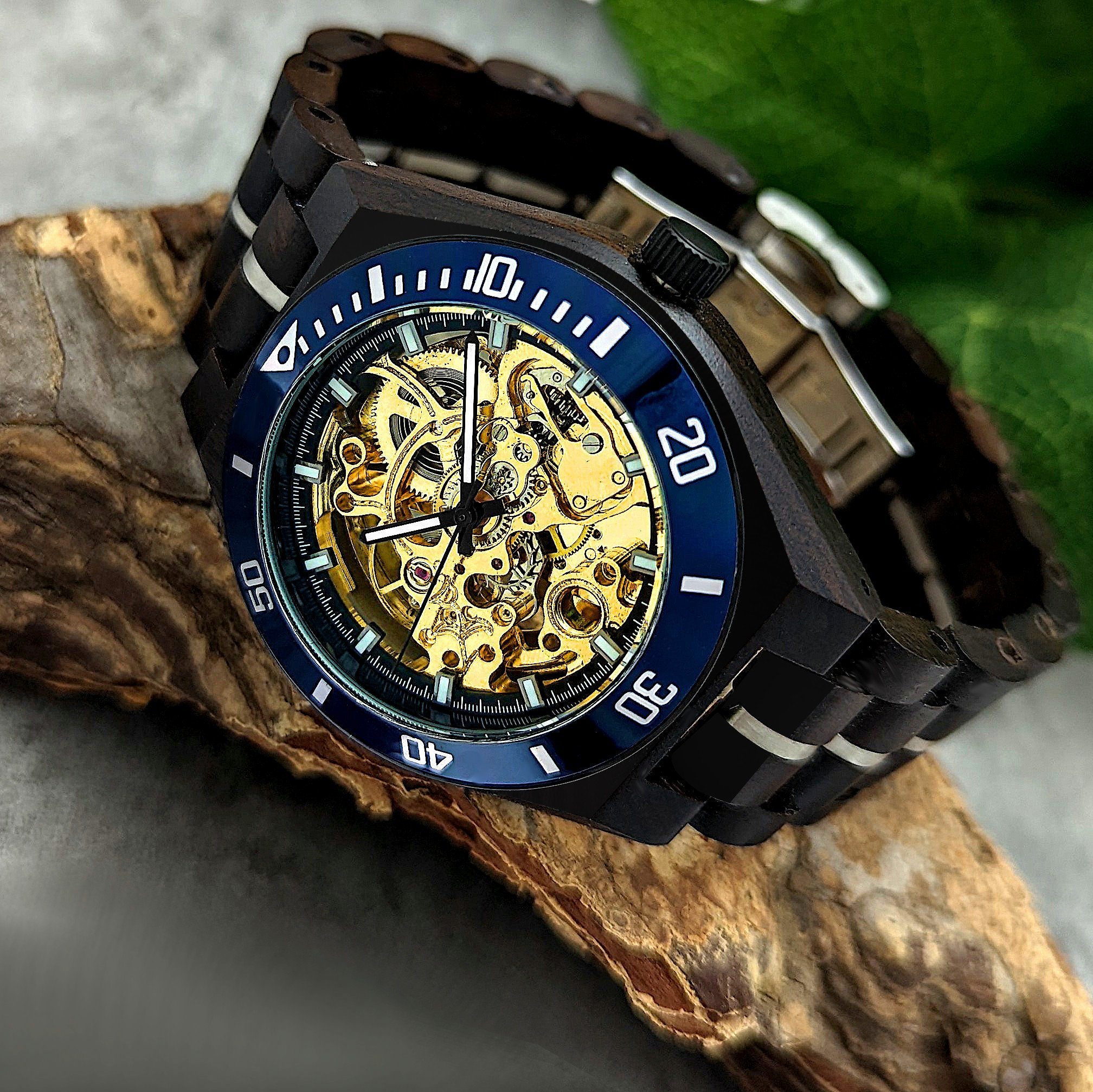 & Holz gold, Herren Uhr DELITZSCH Automatikuhr blau Armband in schwarz, Holzwerk Edelstahl