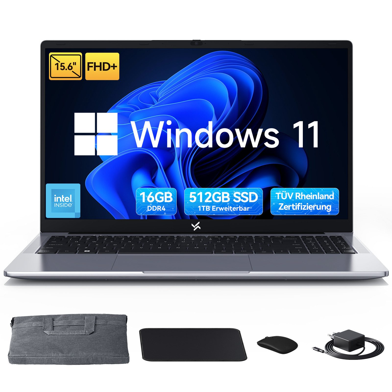 blackview Huidun 15,6" Intel Twin Lake N150 mit Tasche, Maus, Tastatur Notebook (Intel Intel Twin Lake N150, 512 GB SSD, 180° FHD Drehbildschirm/Deutsche Tastaturaufkleber/mit Zubehör)