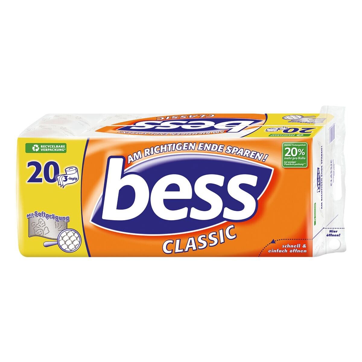 bess Toilettenpapier Classic (20-St), 3-lagig, weiß mit Prägung, 180 Blatt/Rolle