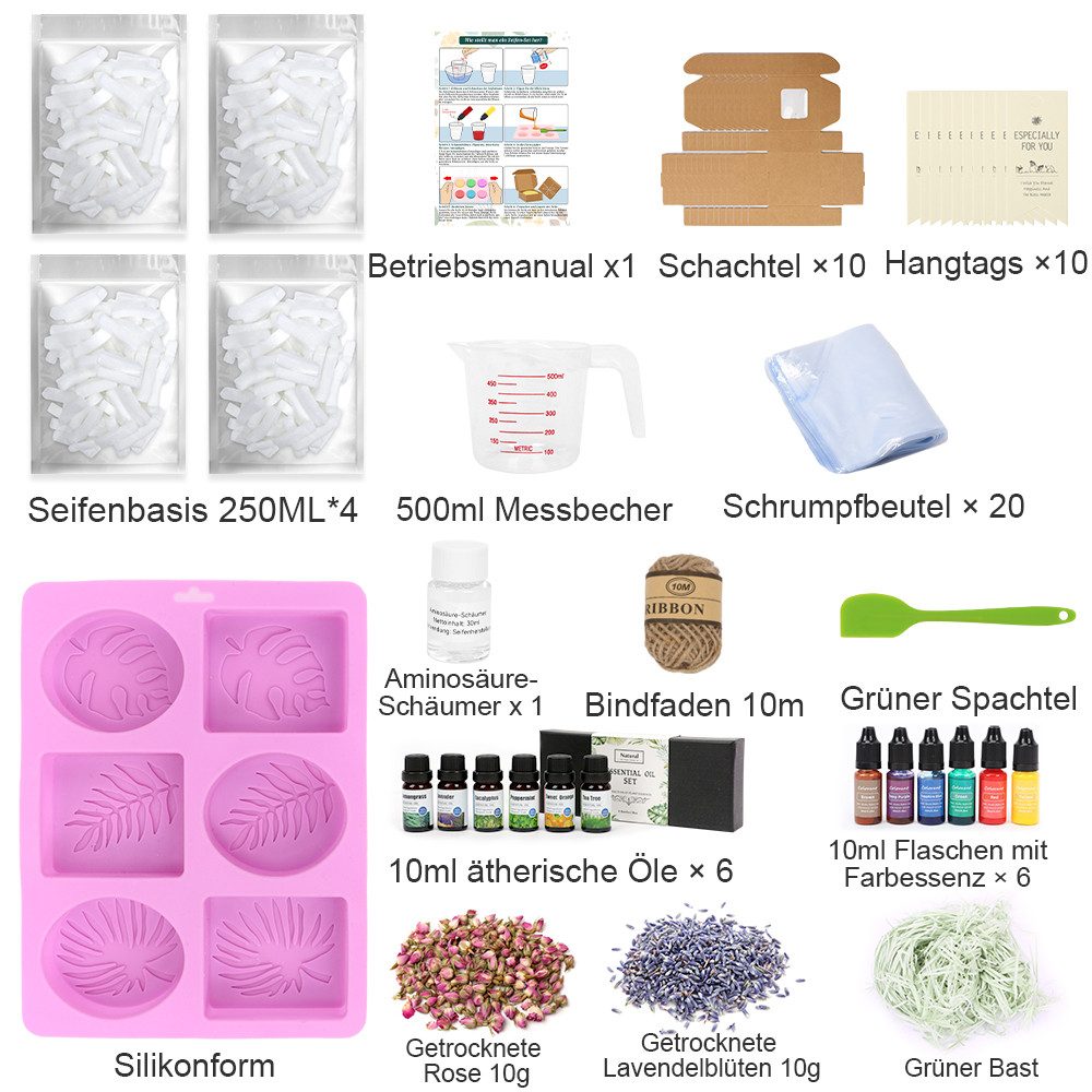 OSTWOLKE Seifen-Set Seifen Silikonform Set DIY Seifen selber Machen Set, 1-tlg., Starterkit mit Seifenbasis, Silikonform, 6 ätherische Ole & 6 Farben
