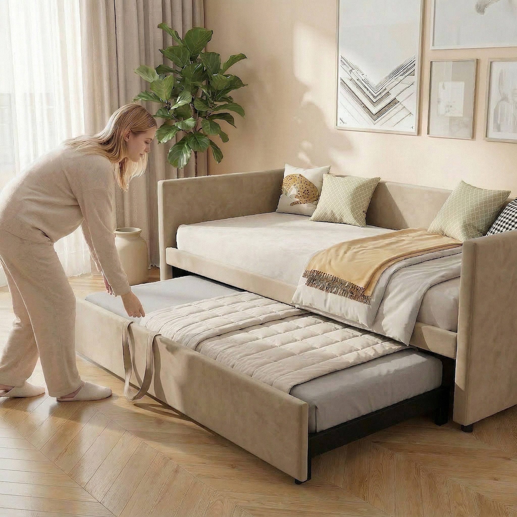 Furnishings Home Polsterbett Daybett Tagesbett Ausziehbett (1 tlg), Schlafsofa, Mit Unterbett, 90x200 cm/180x200 cm, Lattenrost, Samt