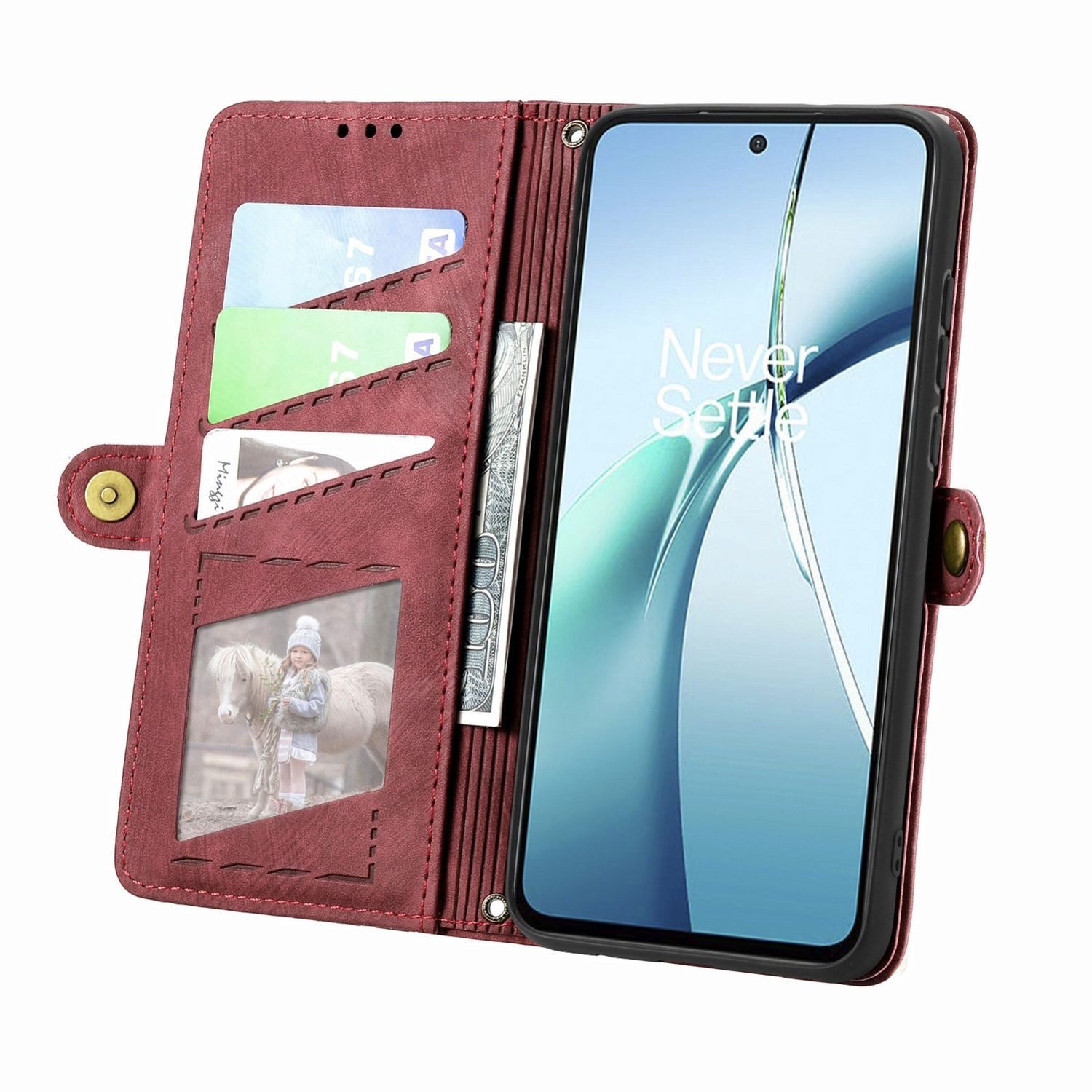 Wigento Handyhülle Für ZTE Blade A75 4G Design Kunstleder Zipper Book Wallet Tasche Rot, Kartenfächer, Reißverschlussfach, Standfunktion