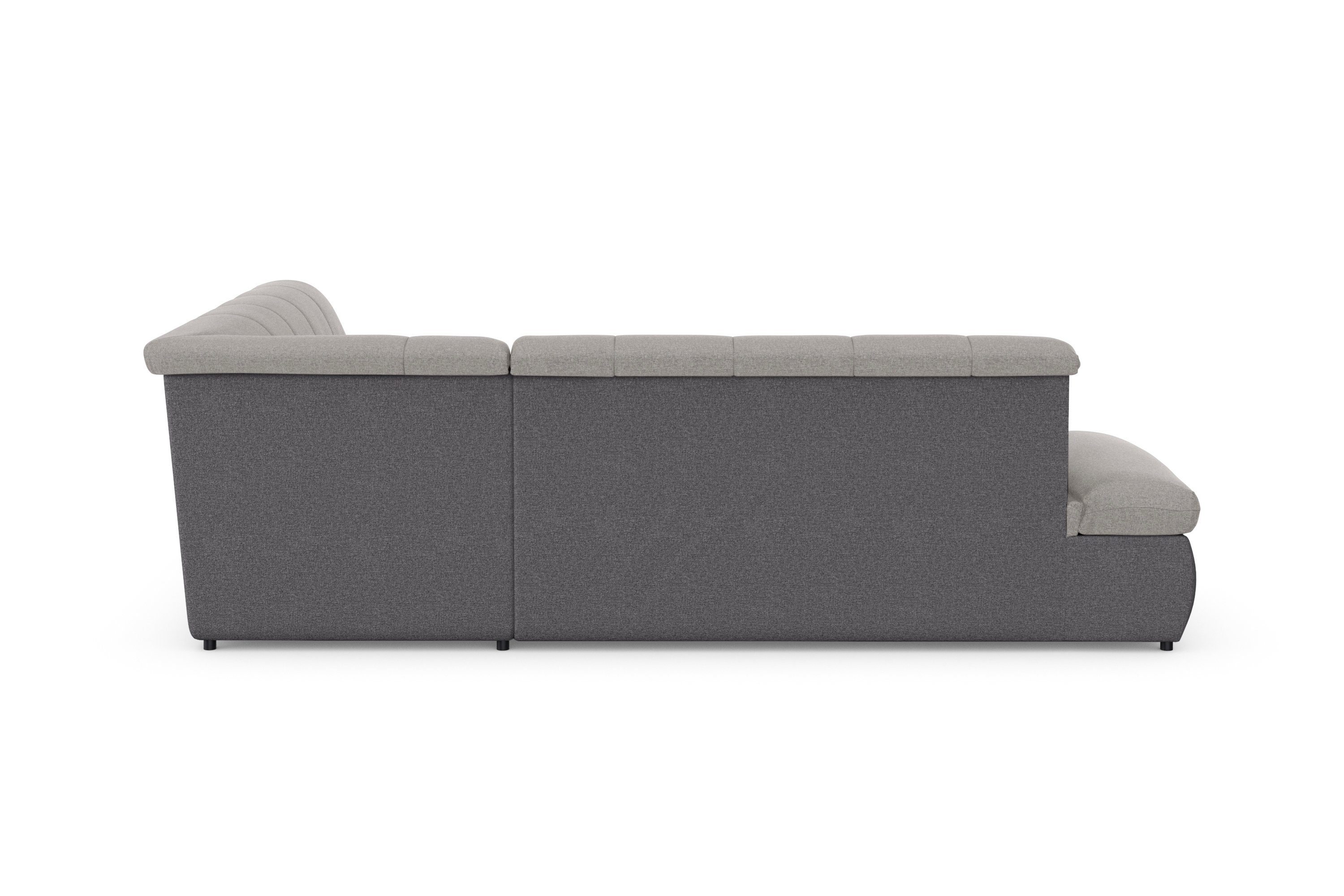 DOMO collection Ecksofa grau Armlehnenverstellung | silber | wahlweise grau/silber und Moric, Bettfunktion mit