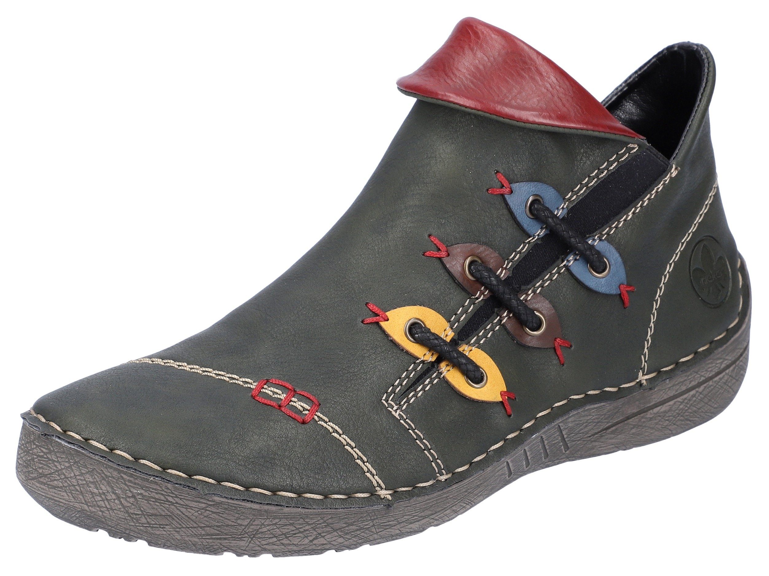 Rieker Stiefelette mit bunten Applikationen seitlich forest/honig/brandy/