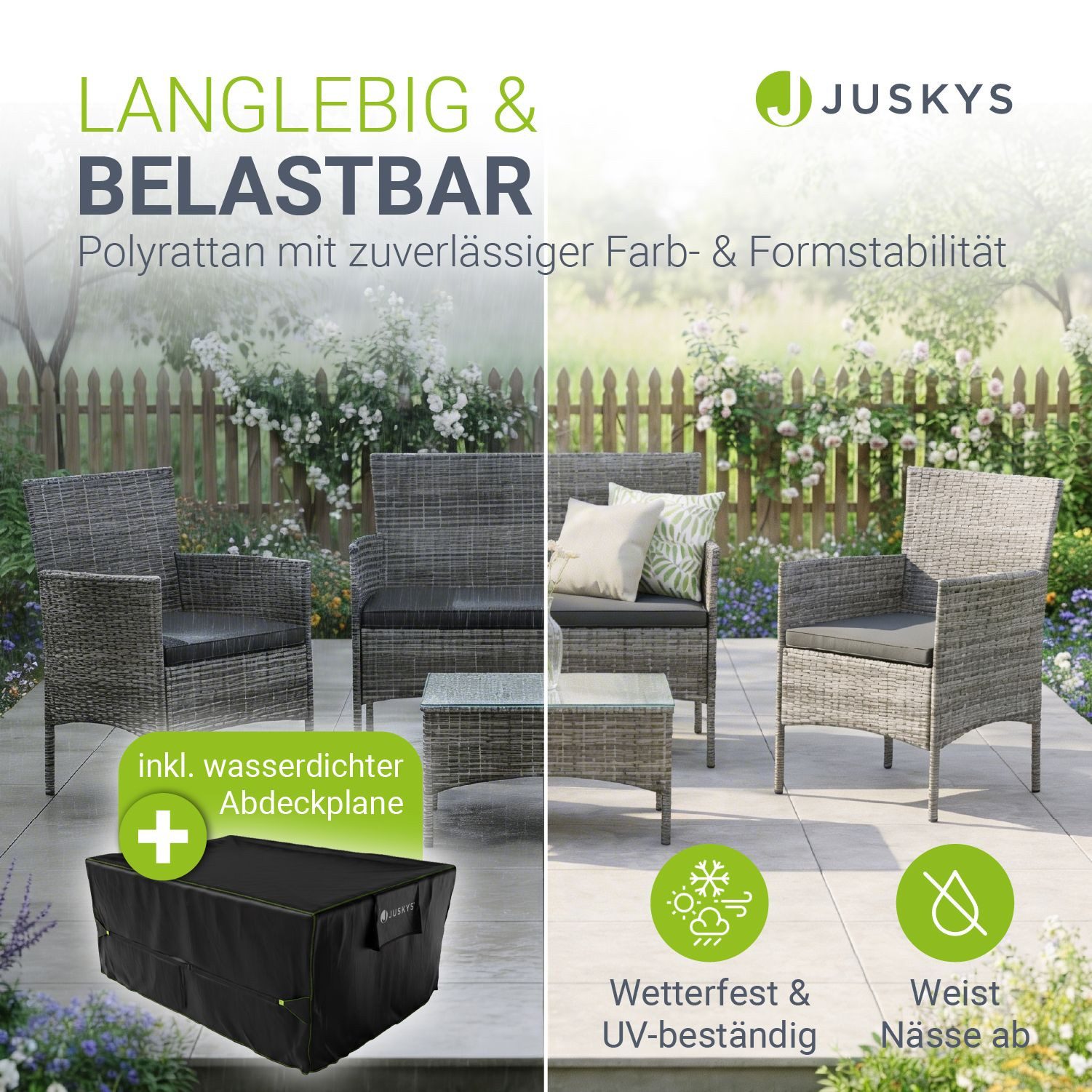 Juskys Gartenlounge-Set Fort Myers, wetterfeste Polyrattan Sitzgruppe für 4 Personen, inkl. Abdeckung
