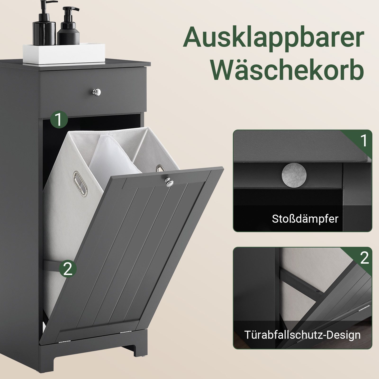 SoBuy Wäscheschrank BZR21, Badschrank mit Wäschekorb, Badkommode, Bad Waschküche Wohnung mit ausklappbarem Wäschetruhe Wäschesammler mit Schubladen Wäschekorb – Bild 4 von 5