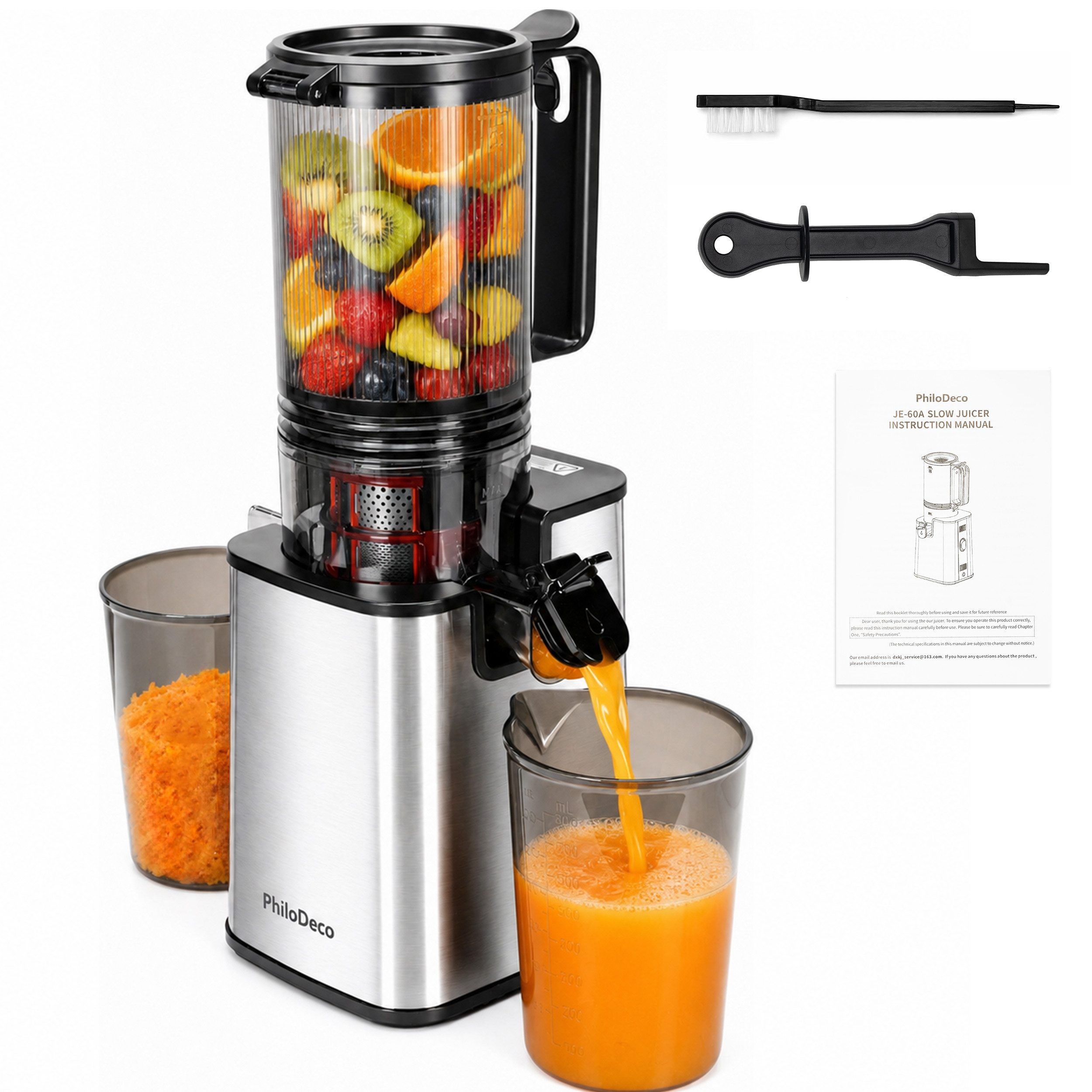 WHEELYOU Slow Juicer Entsafter mit 110-mm-XXL-Öffnung für ganze Früchte und Gemüse, 250 W, Kaltpress-Saftpresse mit Doppelsieb, 40 Nm und Rückwärtslauf