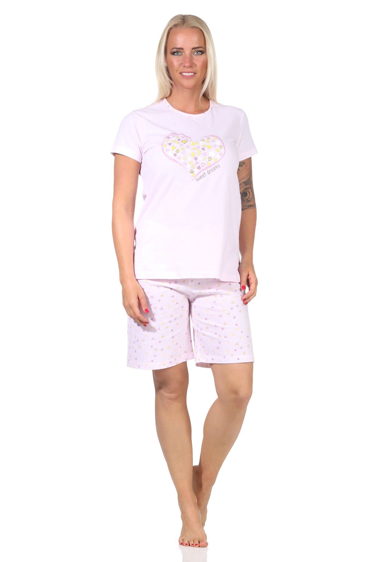 Normann Pyjama Damen kurzarm Pyjama Shorty in romantischem Design mit Herzchen rosa