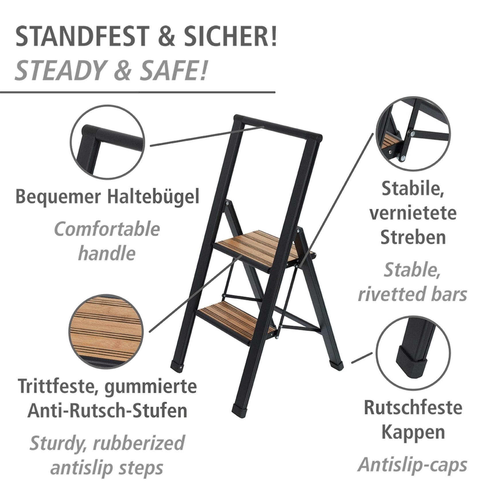 WENKO Trittleiter Modell Alu-Design, rutschsichere XXL-Stufen, robustes Aluminium in Kombination mit Bambus