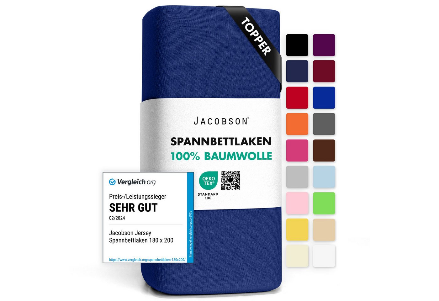 Jacobson Spannbettlaken TOPPER aus 100% Baumwolle, Jersey Bettlaken 160 g/m², Spannbetttuch mit Gummizug, pflegeleicht & viele Farben