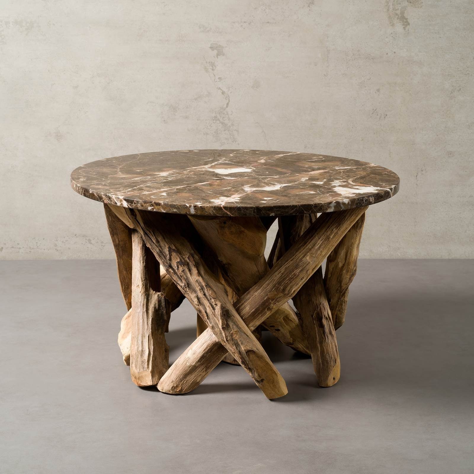 MAGNA Atelier Couchtisch LAKE TAHOE mit Marmor Tischplatte, Sofatisch rund, Wohnzimmertisch, Teakholz Gestell, 70x42cm