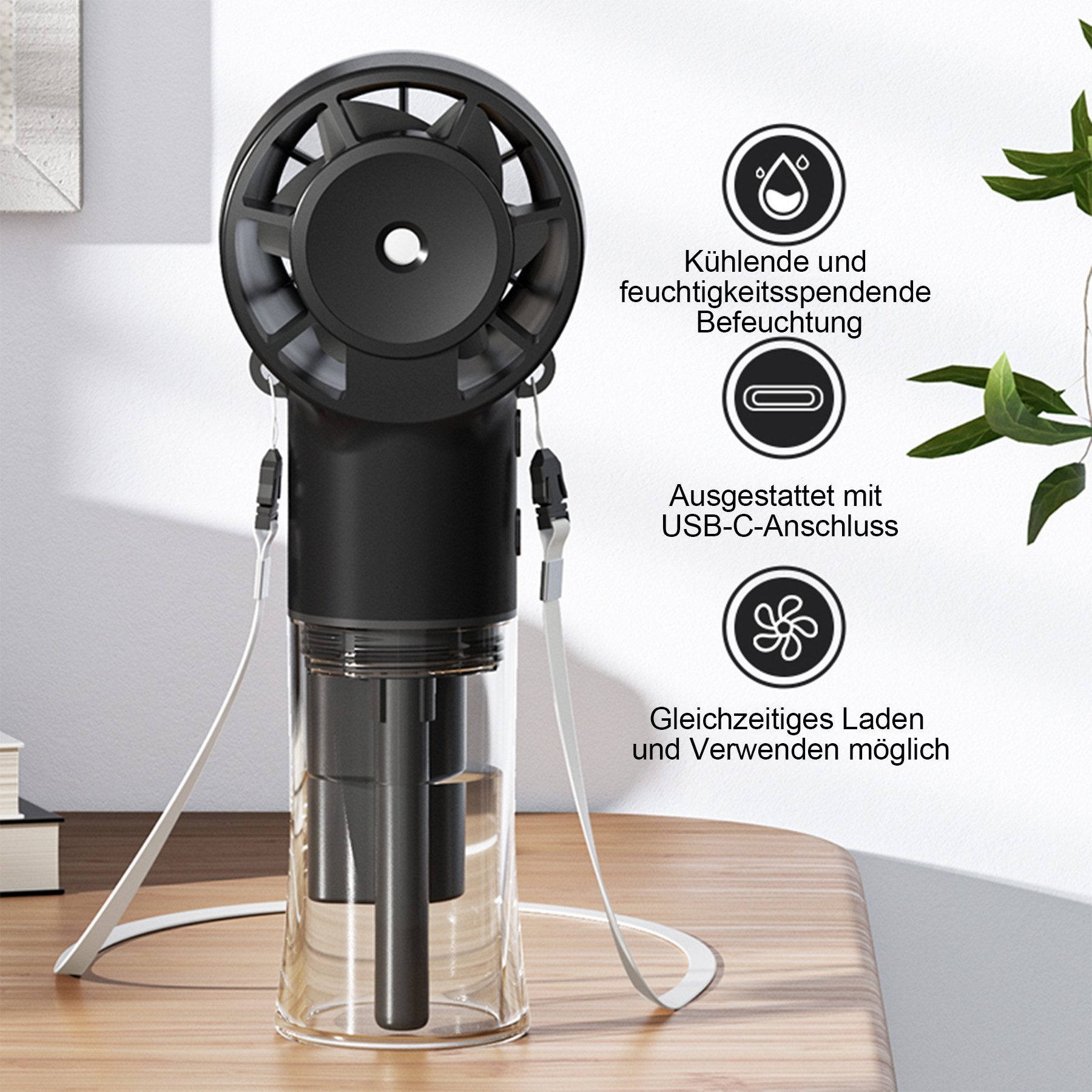 Senmudi Mini USB-Ventilator Handventilator Tragbar,Mini Ventilator,Mini Tischventilator 1200MAH, 4 Geschwindigkeiten mit Wassernebel,für Reisen,Büro,Draußen, Zuhause
