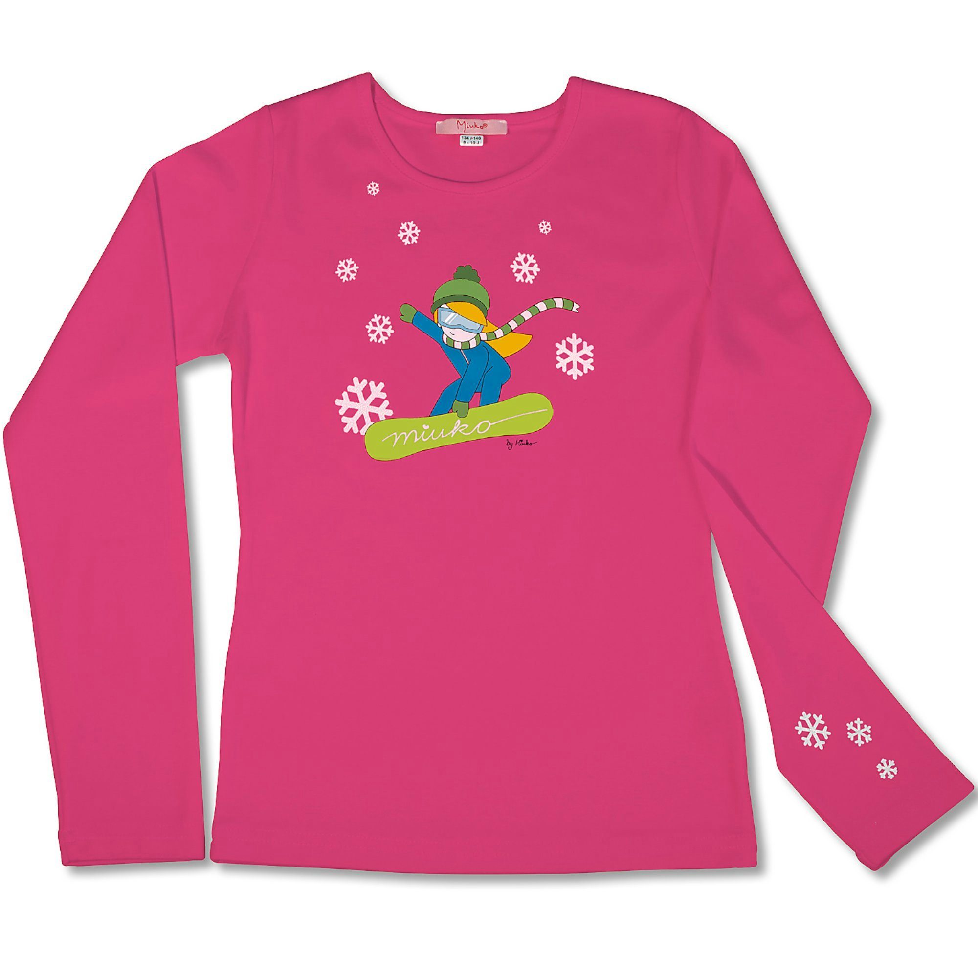 Miuko Langarmshirt für langärmlig, Mädchen pink, 100% Snowboarderin 158 122 134 164 128 weiß 140 Baumwolle 146 oder 152 rosa Motiv T-Shirt
