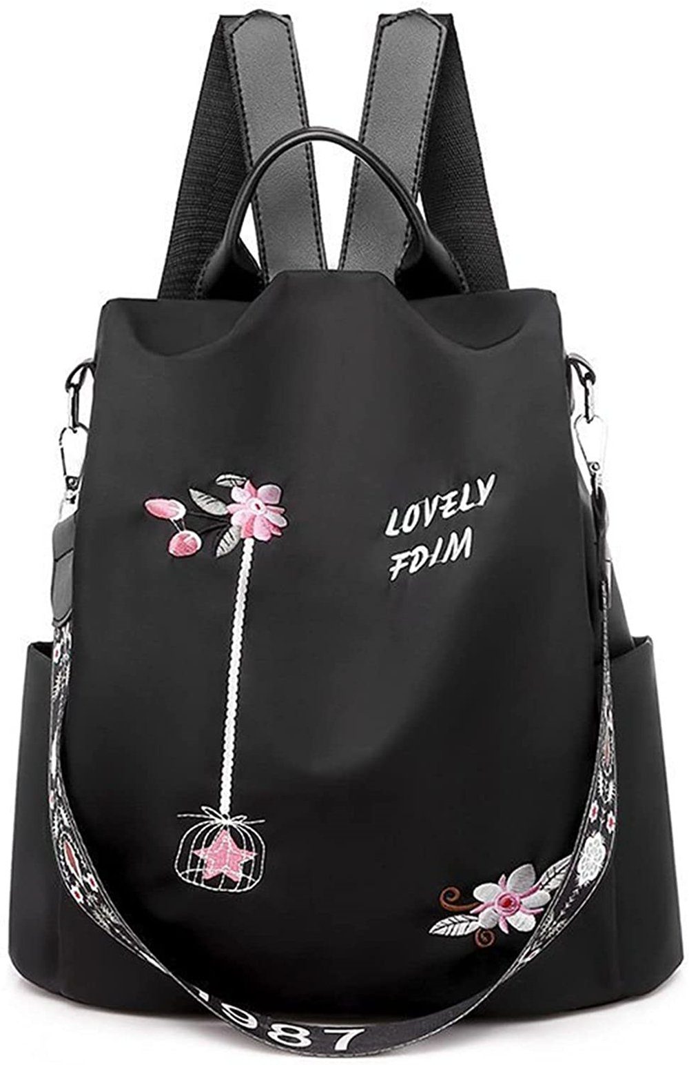 Schultasche schwarz mit Damen-Rucksack (Set) mit Blumenstickerei,Wasserdichte Reise-Anti-Diebstahl-Schulterrucksack Daypack Oxford-Druck,täglicher Kapazität mit hoher XDeer
