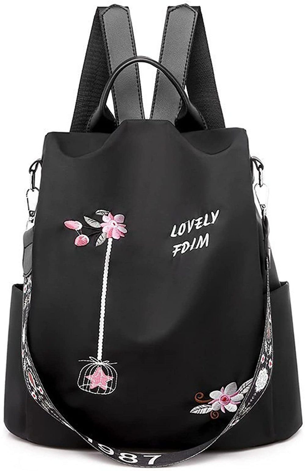 XDeer Daypack Damen-Rucksack mit Blumenstickerei,Wasserdichte Schultasche (Set),täglicher Reise-Anti-Diebstahl-Schulterrucksack mit hoher Kapazität
