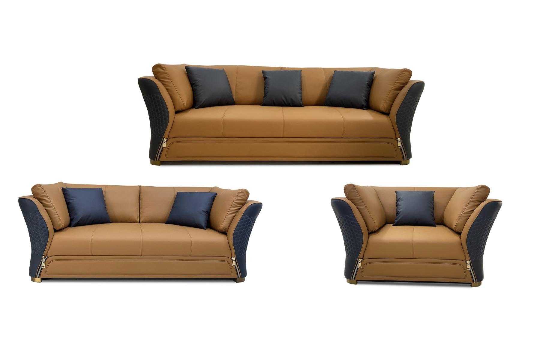 ledersofa sofagarnitur Wohnzimmer-Set, couch couchen sitzer 321 design JVmoebel Braun/Schwarz wohnlandschaft