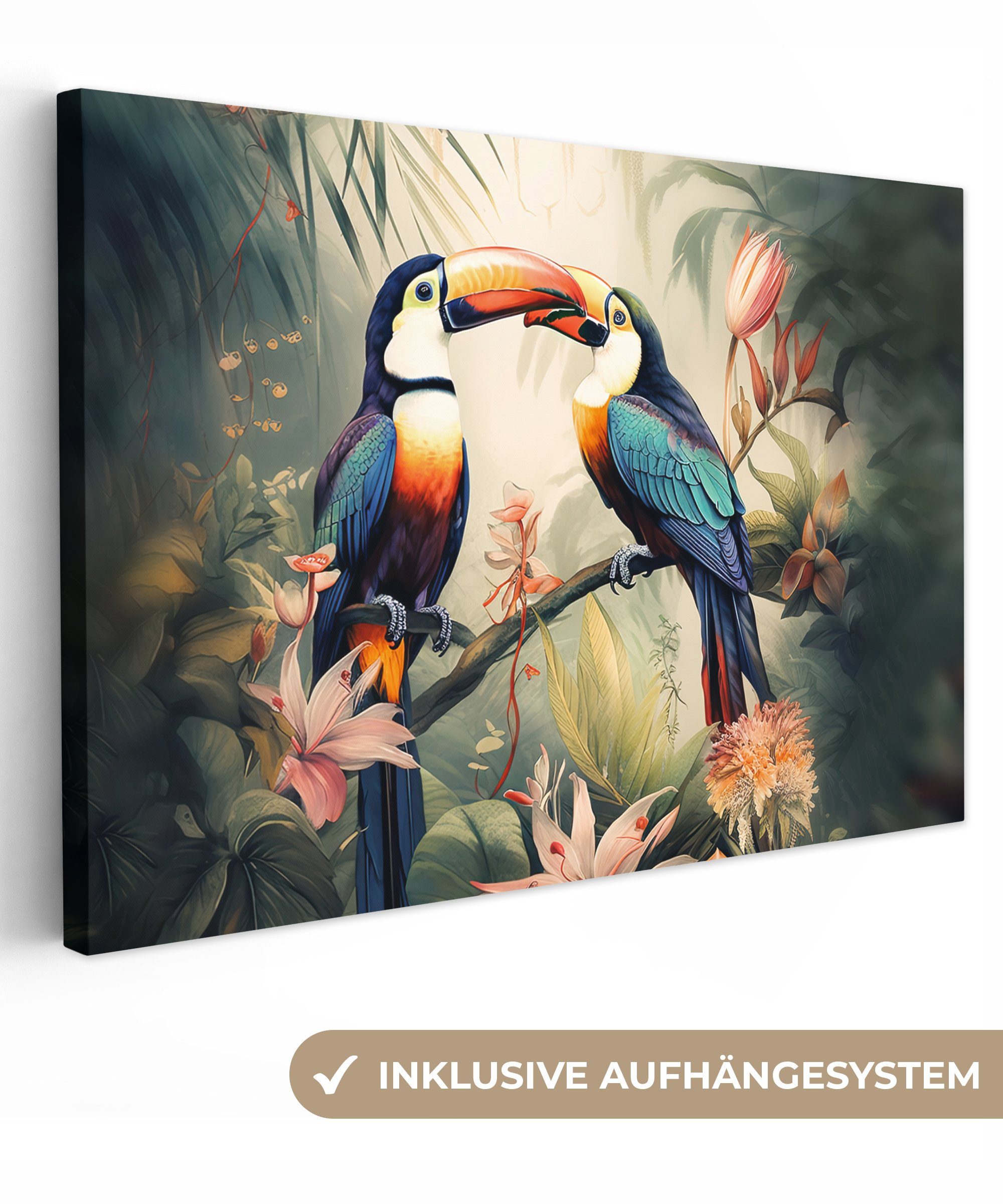 OneMillionCanvasses® Leinwandbild Tukan - Vögel - Blumen - Natur - Dschungel, (1 St), Wandbild Leinwandbilder, Aufhängefertig, Wanddeko, 30x20 cm