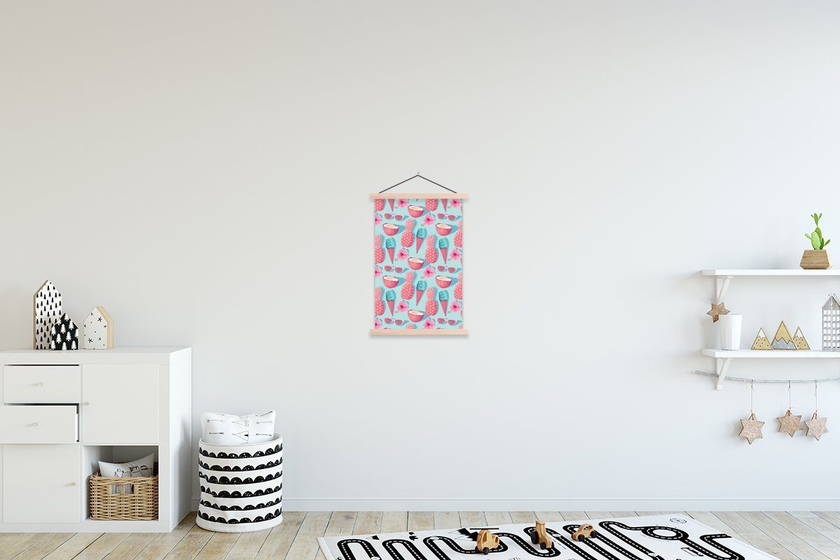 MuchoWow Blau, Poster Magnetisch Wohnzimmer, - für Sommer Textilposter Bilderleiste, St), Rosa - (1 Posterleiste,