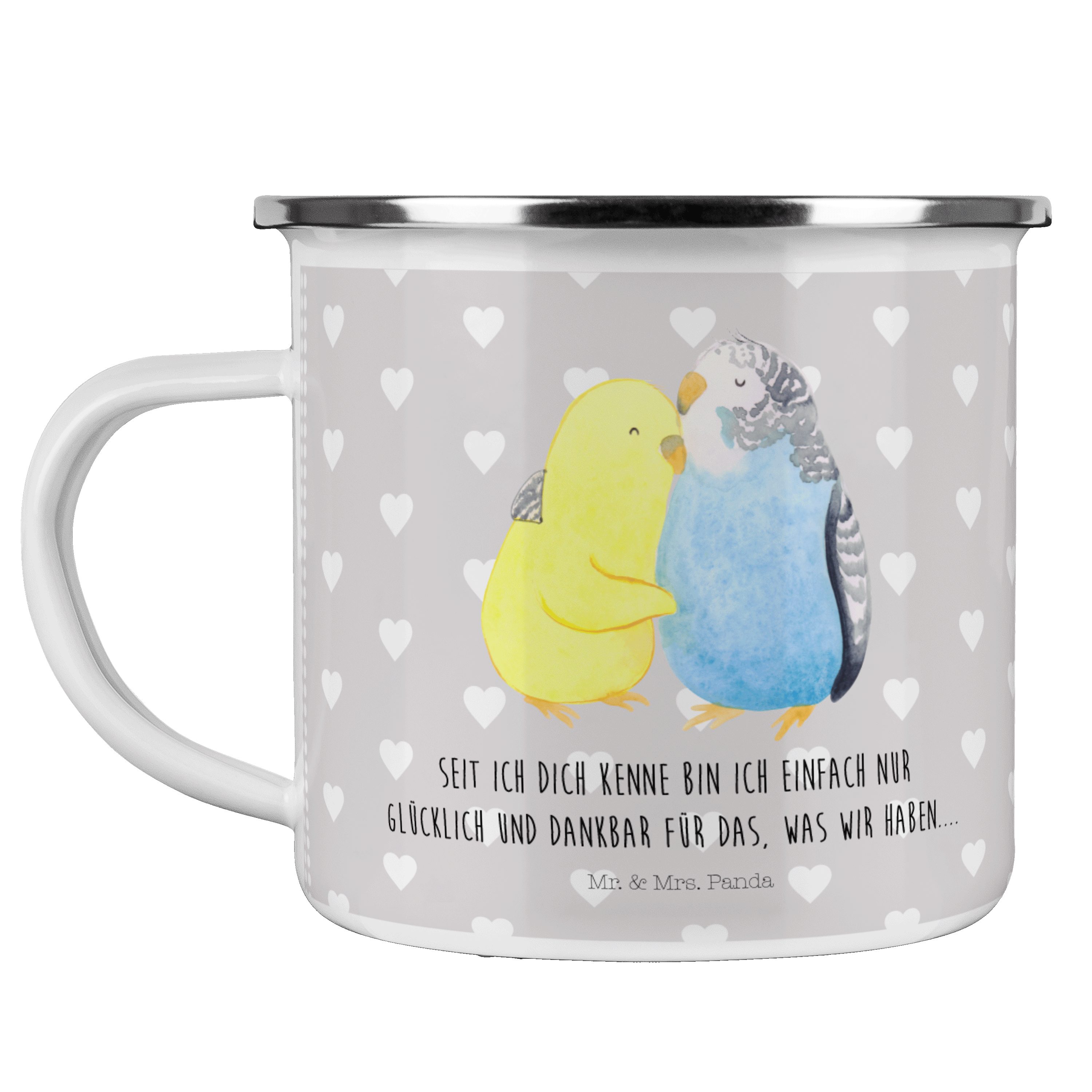 Mr. & Mrs. Panda Becher Wellensittich Liebe - Grau Pastell - Geschenk, Ehemann, Edelstahl Tri, Emaille