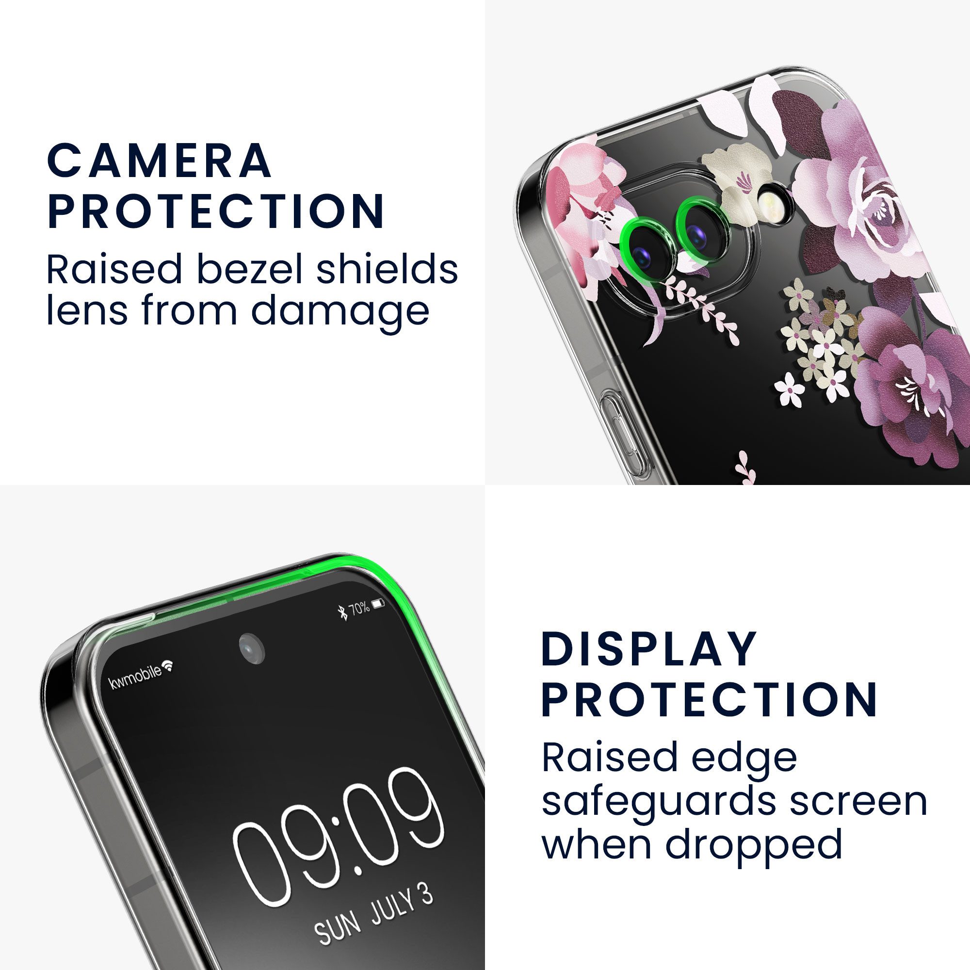 kwmobile Smartphone-Hülle Hülle für Google Pixel 10a Handyhülle - Silikon, Case mit Schutzfolie Blumenblüten und Rosen Design