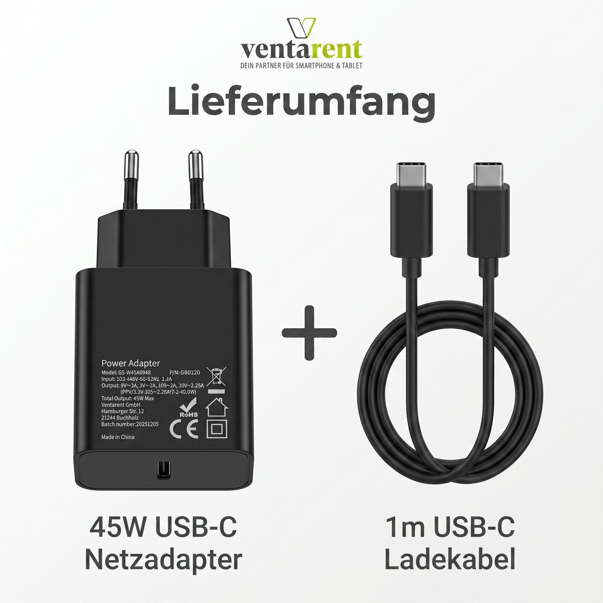 Ventarent 45W USB-C Ladeset mit Ladekabel für MacBook Air, iPad Pro & Air USB-Ladegerät (3000 mA, Set, 2-tlg., 45W USB-C Netzadapter, USB-C Ladekabel, 45W Schne – Bild 4 von 5