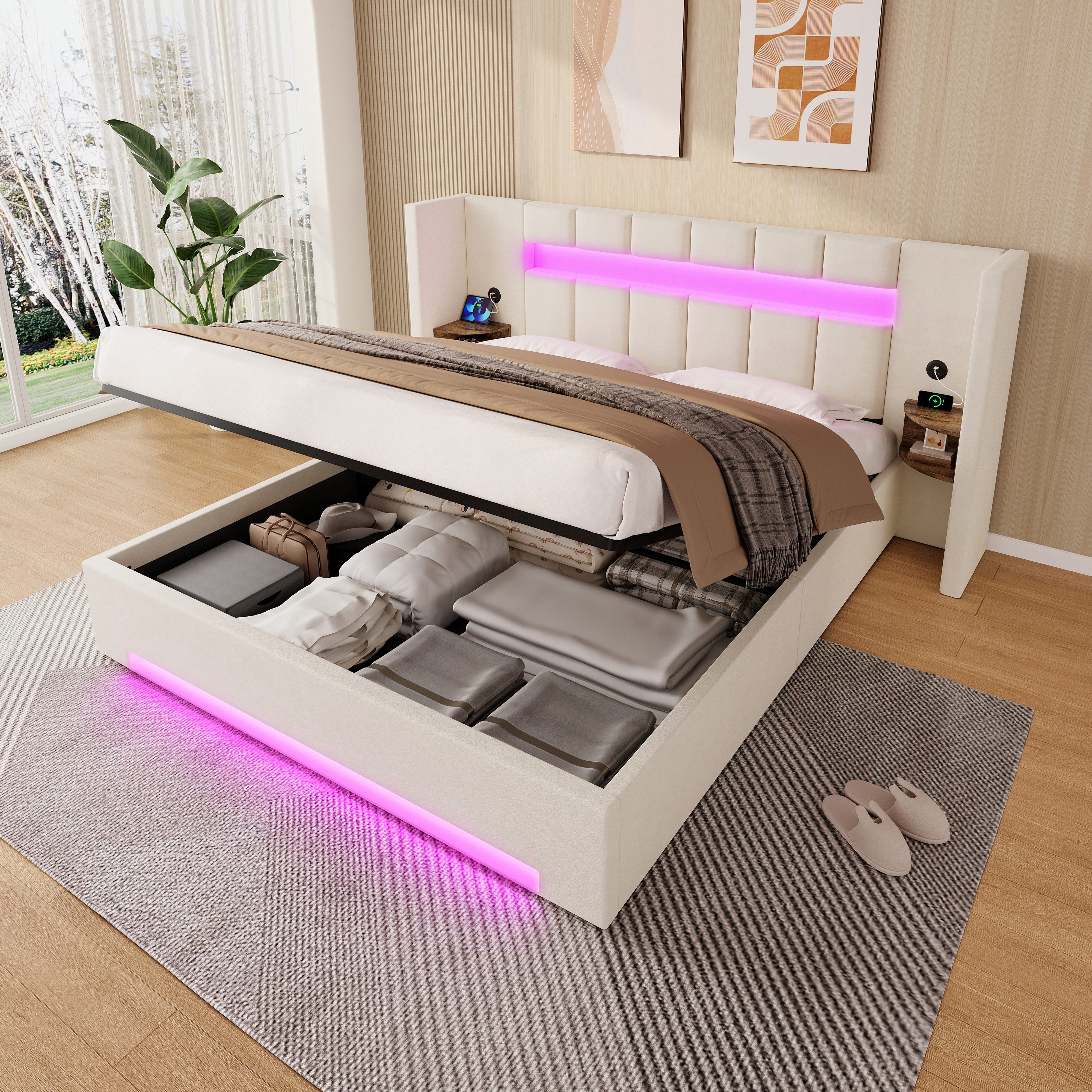 TavilaEcon Polsterbett 180×200 und 160×200cm mit Bettkasten und breitem Kopfteil, 2xUSB (1-tlg), LED-Licht, Hydraulik & großer Unterbett-Stauraum mit Vliesstoff