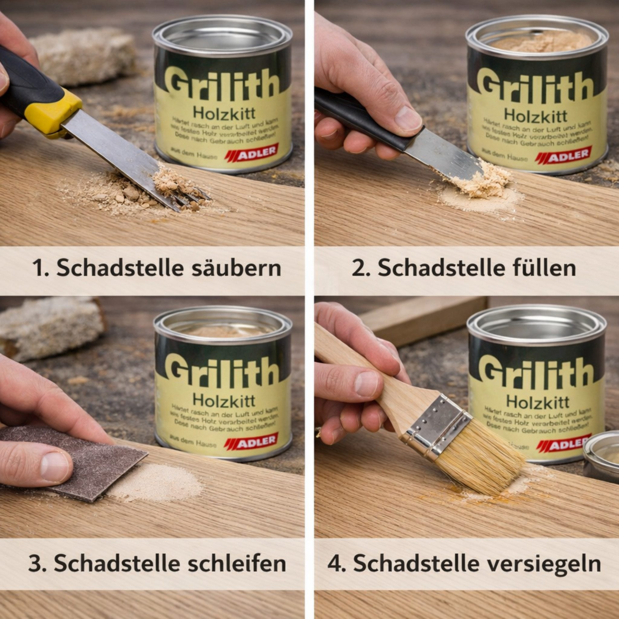 ADLER Spachtelmasse Grilith Holzkitt 200ml, Schnelltrocknend – spart Zeit bei Reparaturen