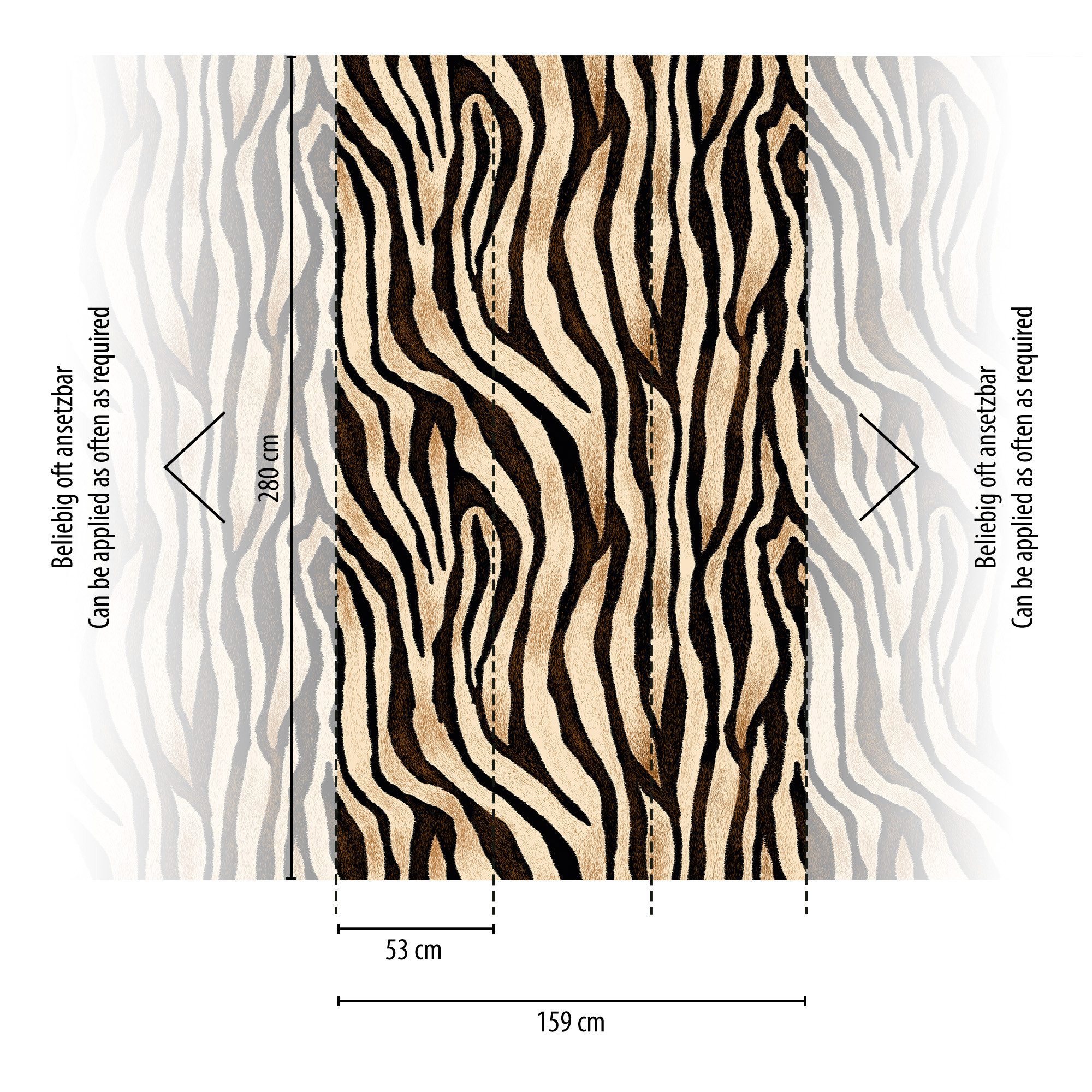 living walls Fototapete THE WALL III Fell Tapete Motivtapete Animalprint Tiger, glatt, matt, (1 St), Vliestapete Tiere für Schlafzimmer Küche Wohnzimmer Fell Design modern