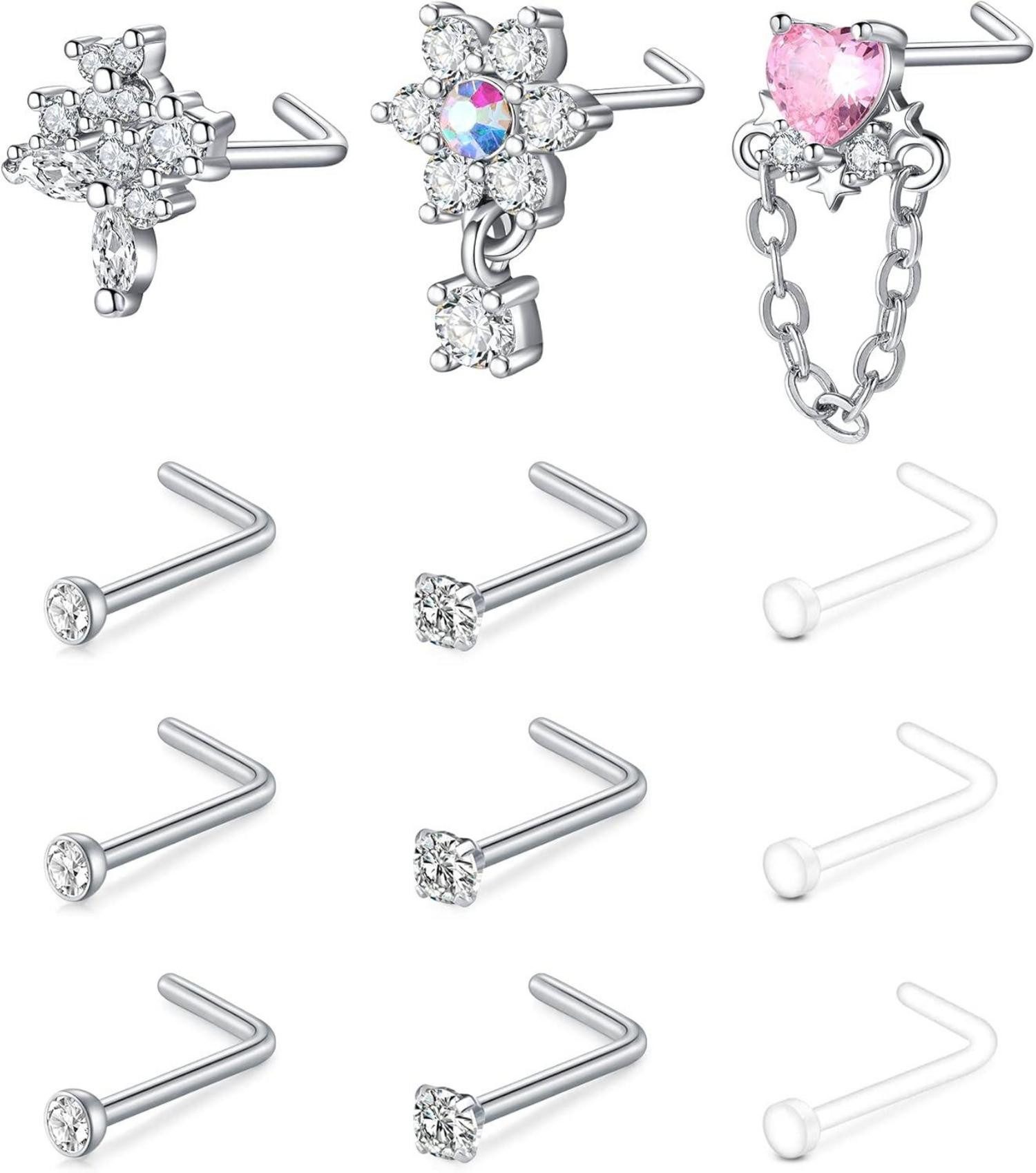Mayhoop Nasenpiercing-Set 38-50 STK Flexibler Bioflex Nasenpiercing Retainer 18G/20G CZ