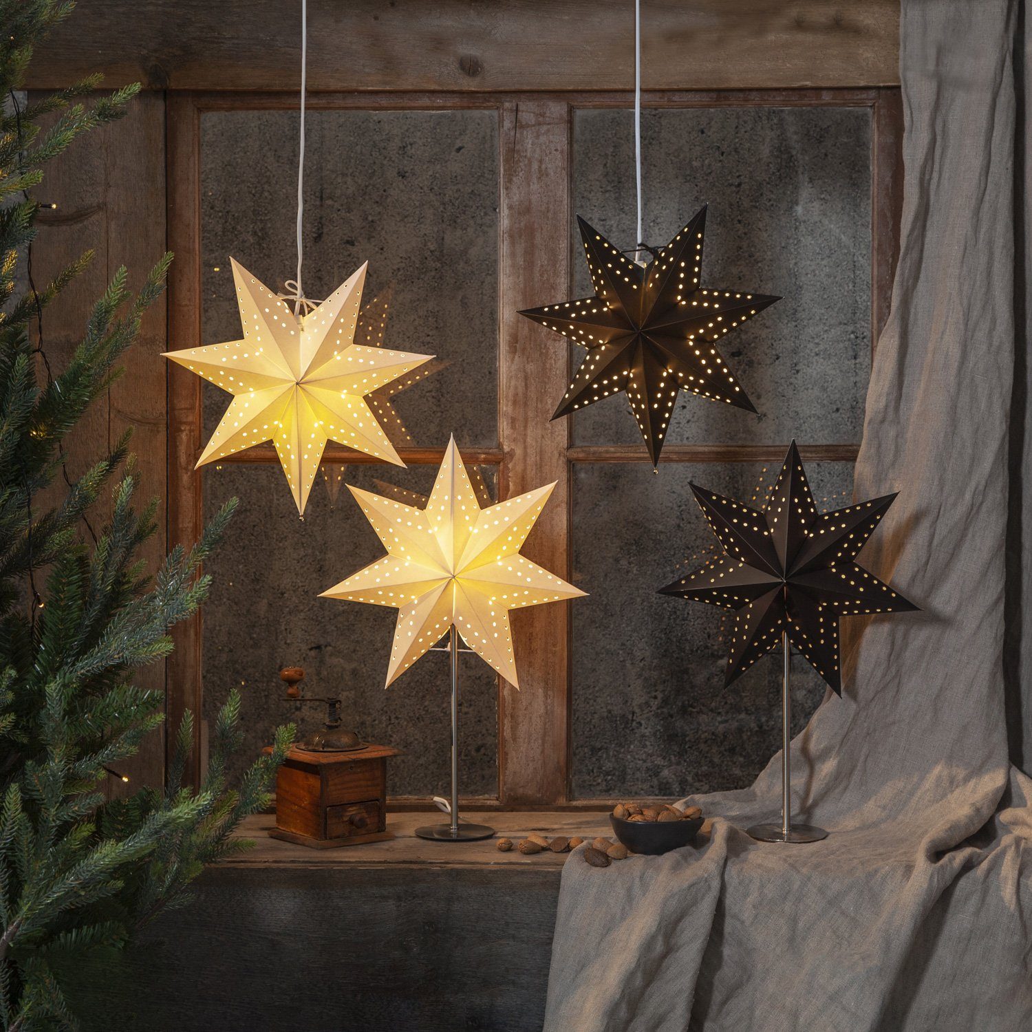STAR TRADING LED Stern Papierstern Leuchtstern Faltstern 7-zackig hängend 34cm mit Kabel