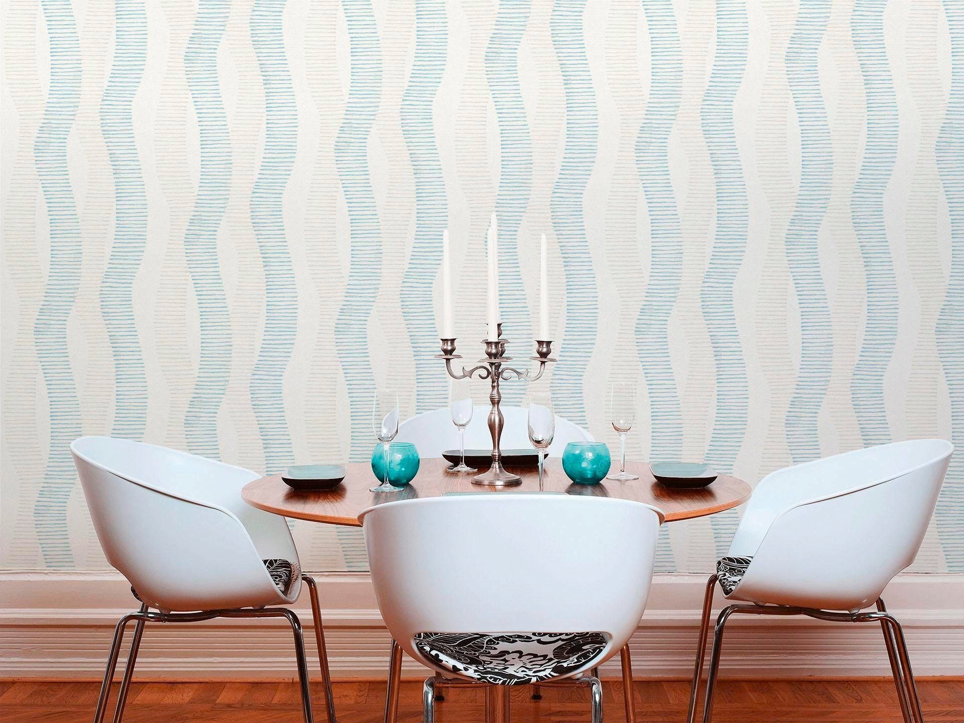 living Style, Linen walls geometrisch, weiß/blau/grau Vliestapete grafisch