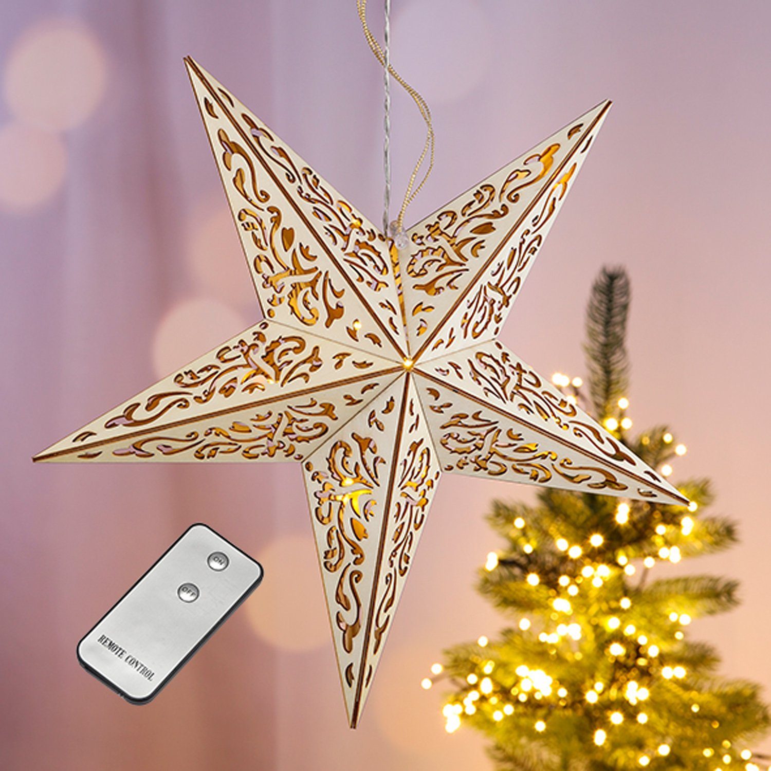 Holz warm-weißen Lichtervorhang Weihnachtsstern 10 LED Fernbedienung mit Mojawo mit