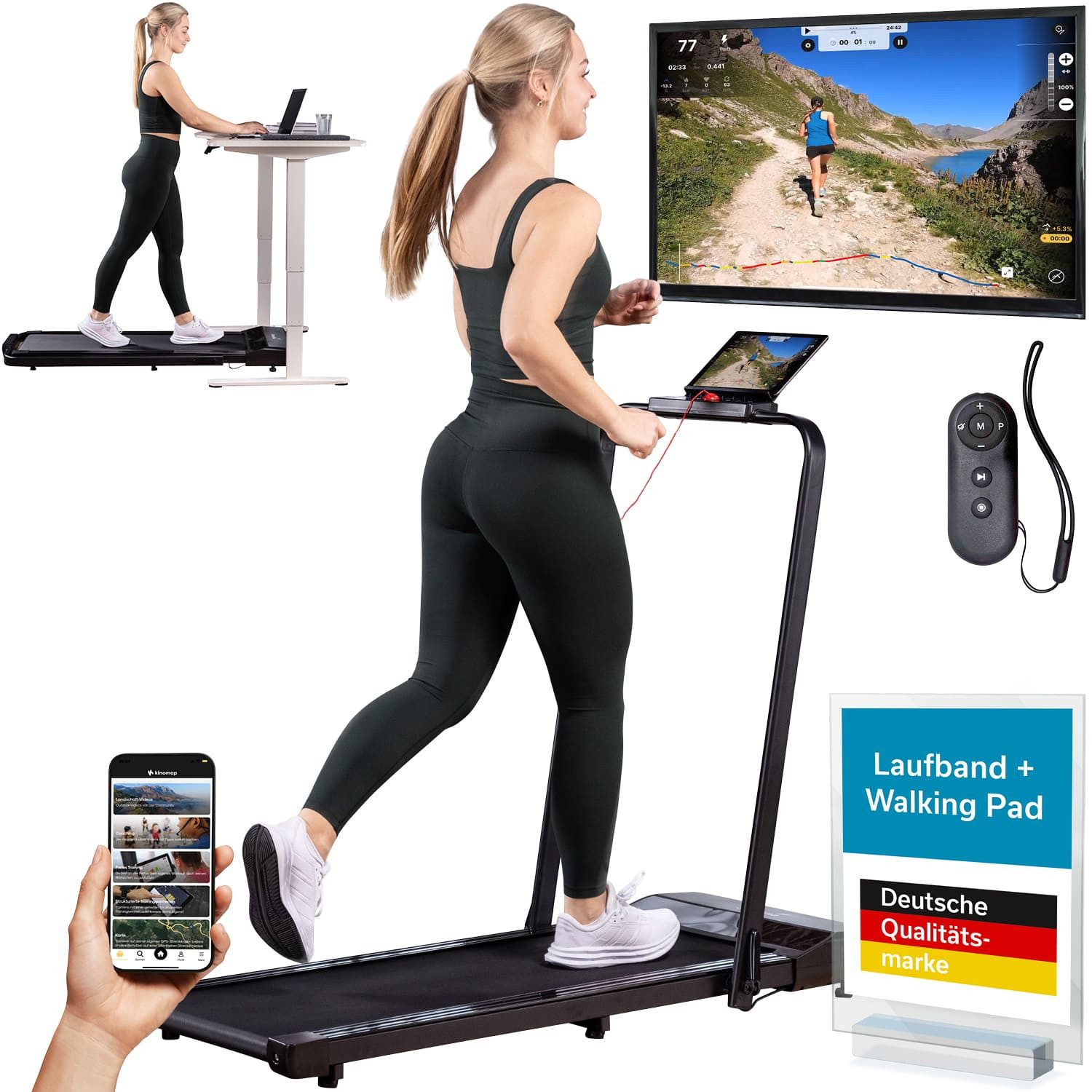 Skandika Laufband für Zuhause, Nordik K6 Plus, 12 km/h, mit Handlauf, Kinomap (Bluetooth, Integrierte Transportrollen, Abnehmbare Tablethalterung), LED-Display, Fernbedienung, Fitnessgerät für Ausdauertraining, Büro
