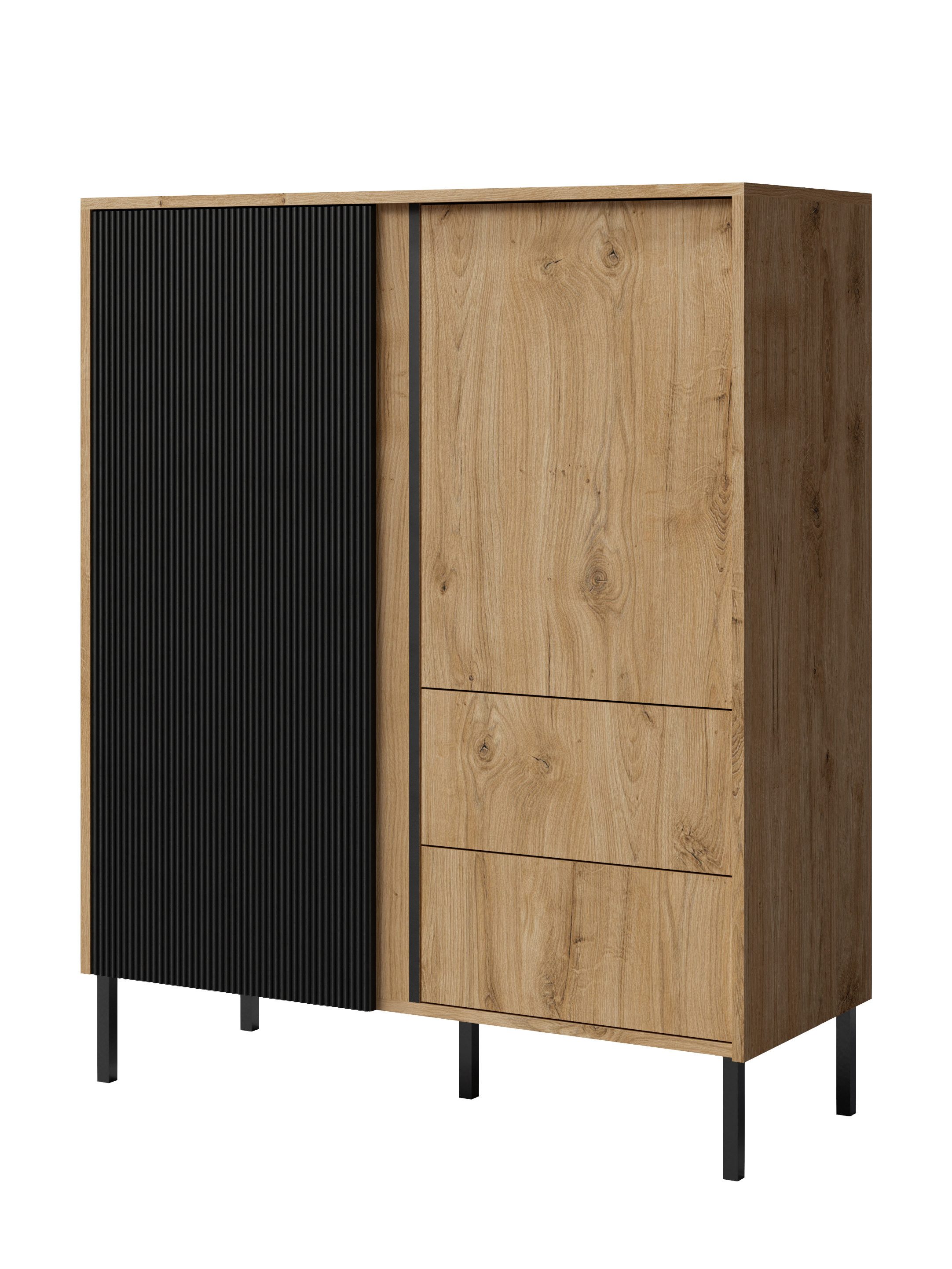 Hochkommode mit 2 Schubladen, geriffelte Front, 2 Türen, Elegant design