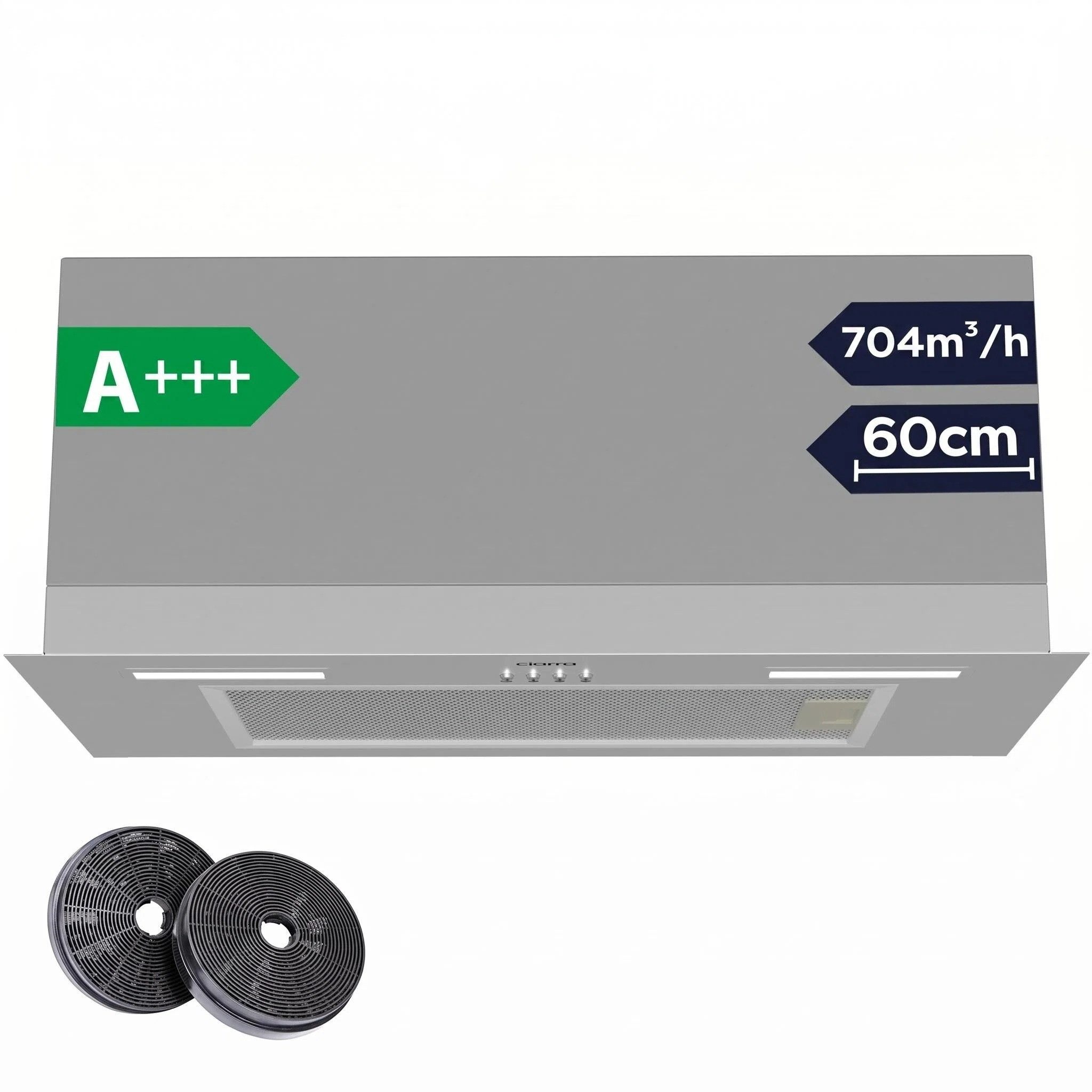CIARRA Unterbauhaube 60 cm A+++ 704 m³/h Einbauhaube leise Abluft & Umluft LED VM6926AS 60 cm A+++ 704 m³/h Einbauhaube leise Abluft & Umluft LED VM6926AS, Einbau-Dunstabzugshaube aus Edelstahl für Küchenschrank Touch Control