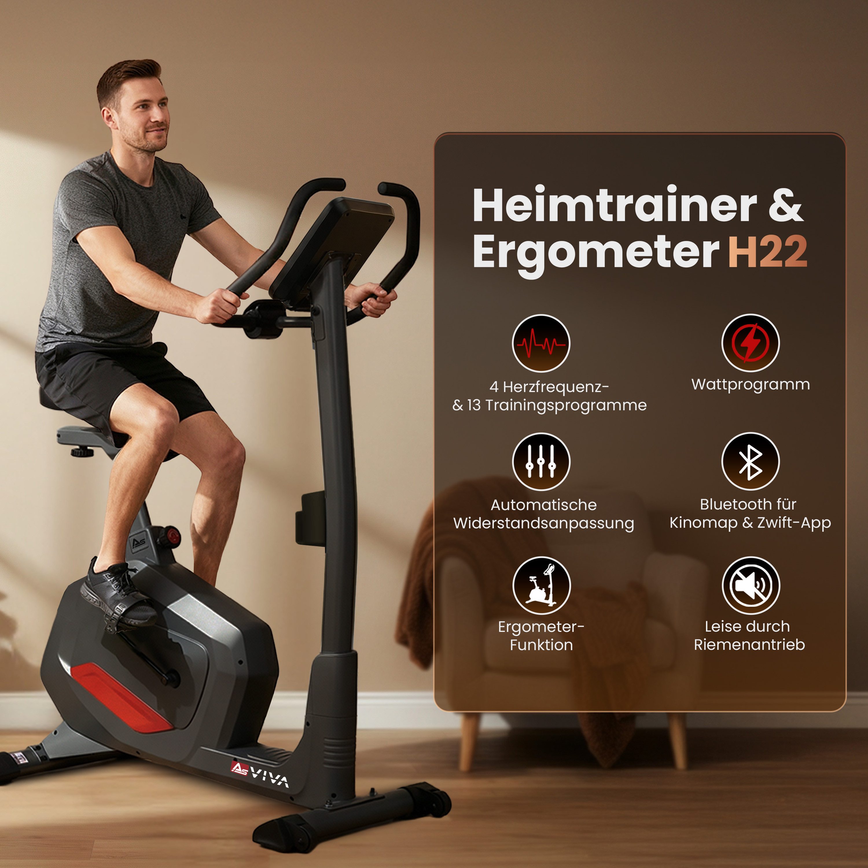 AsVIVA Heimtrainer H22 Ergometer mit automatischer Widerstandsanpassung für Fitness-Apps, 12 kg Schwungmasse, App-kompatibel, Cardio-Programme