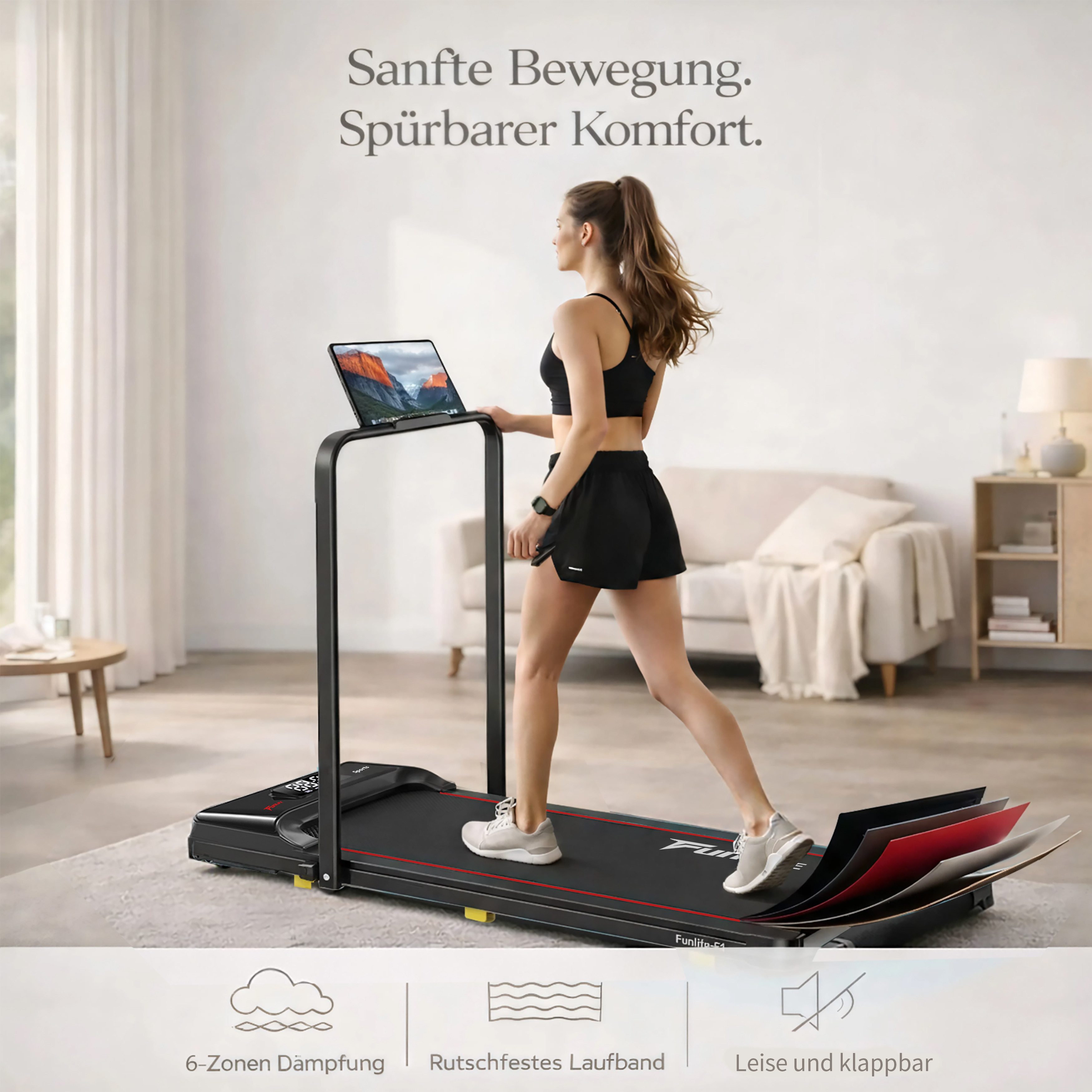 FunLife Laufband 3-in-1 Walking Pad mit Haltegriff (Einzelgerät, Homeoffice Walking Pad), 1–8 km/h, klappbar, Homeoffice geeignet