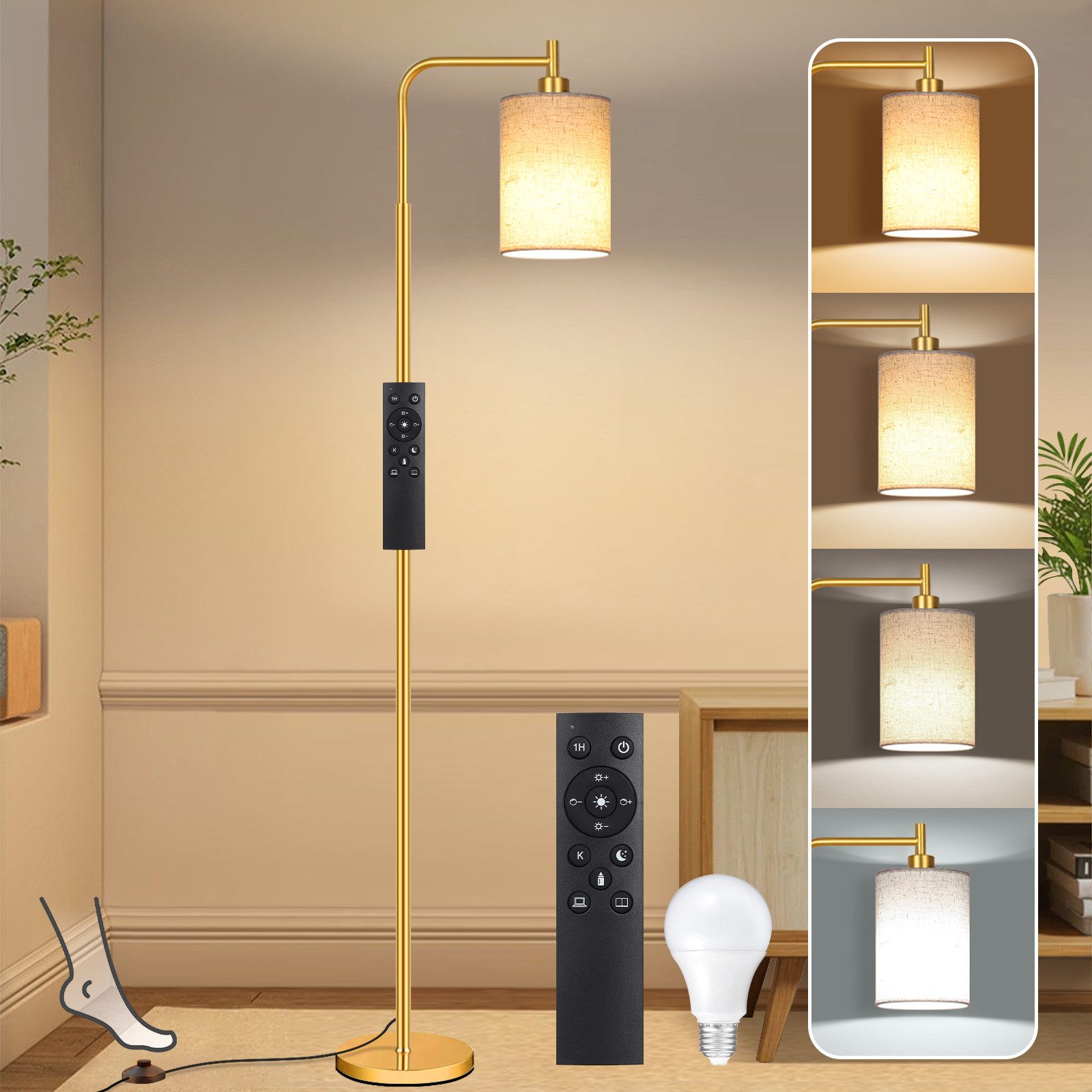 Sunicol Stehlampe Stehlampe Wohnzimmer, Dimmbar, Leinen-Lampenschirm, 4 Farbtemperaturen, LED wechselbar, 12W, E27, Timer, mit Fernbedienung&Fußschalter, für Schlafzimmer