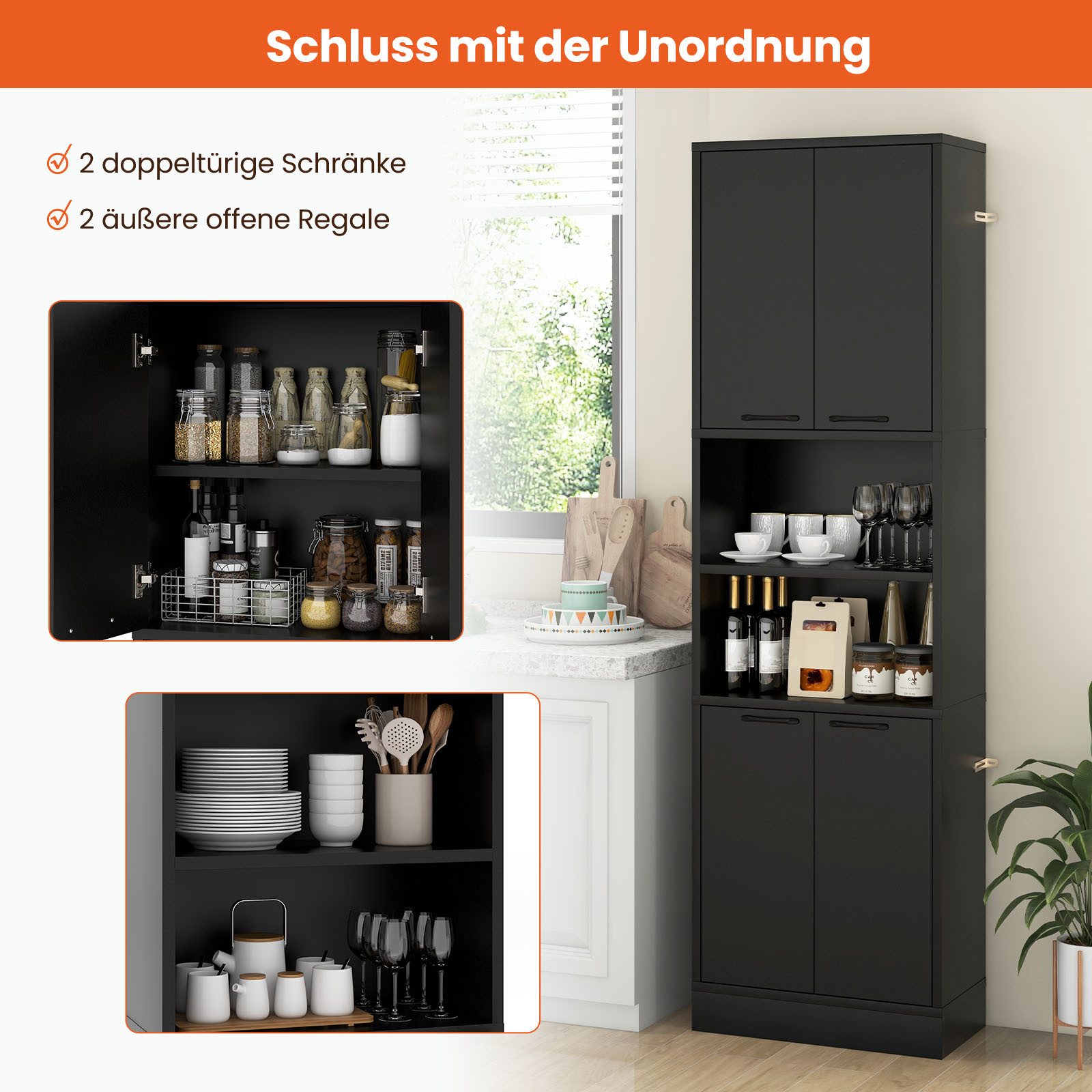 COSTWAY Küchenbuffet Hochschrank mit Türen, Regalen 56x30x190 cm – Bild 4 von 5