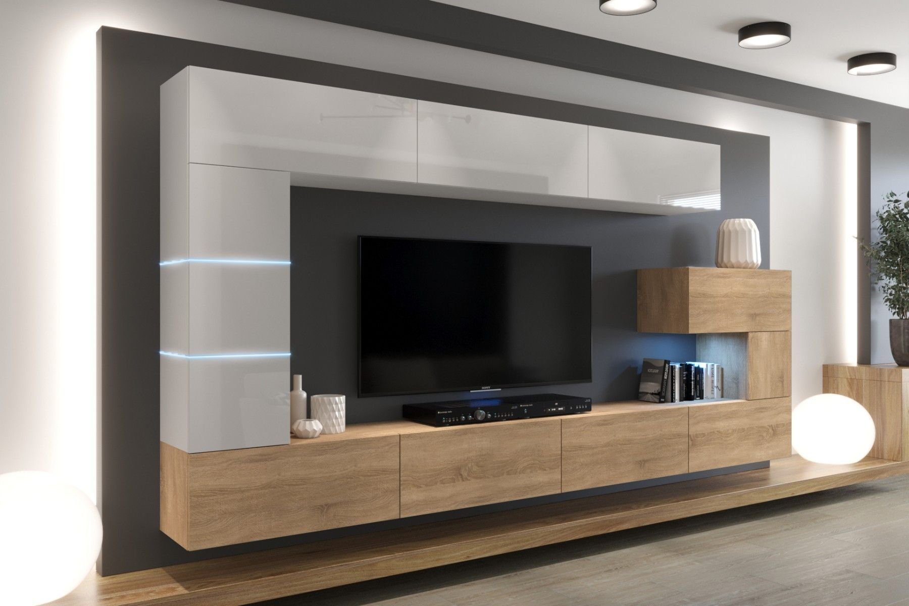 ROYAL24_MARKT Wohnwand - Hochwertige Wohnwand / Premium Material für dein Wohnzimmer, (Komplett Set, 10-St., Royal - Eleganz), - Elegantes Design - Beleuchtung - Qualität und Innovation Weiß-Sonoma Eiche