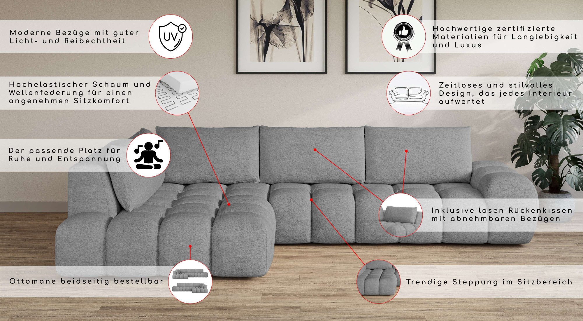 OTTO home Ecksofa AZITA L-Form, XL 296 cm - Designsofa in Bubble-Optik, lose Rückenkissen, traumhafte Steppung