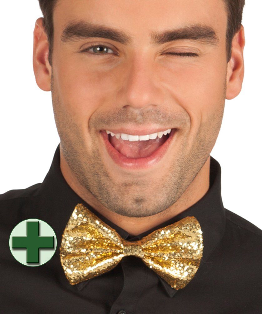 Karneval-Klamotten Kostüm Pailletten Hut schwarz gold mit Fliege gold, Glitzer Hut ideal für Silvester, Karneval, Party's, Zirkus und Show