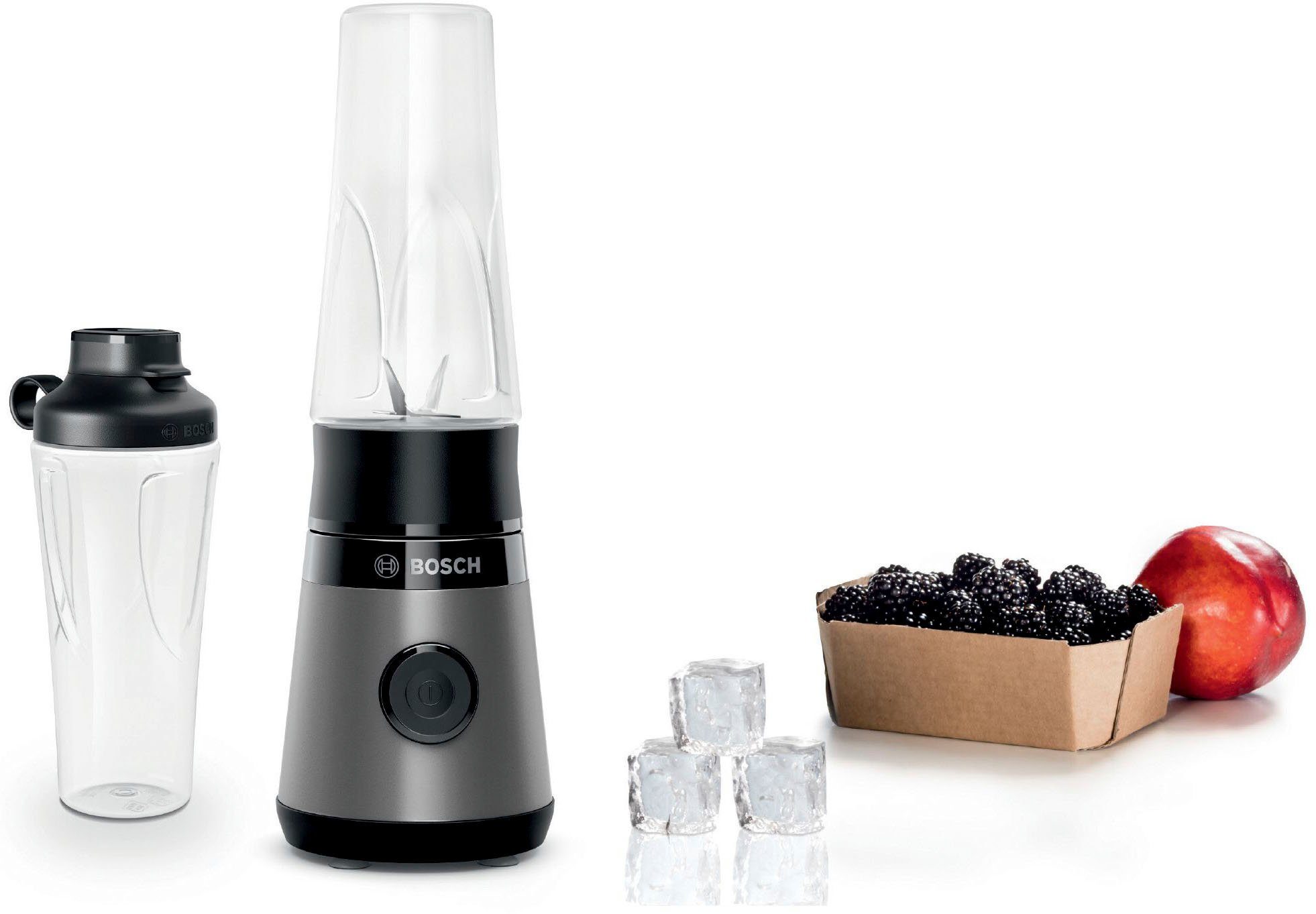BOSCH Standmixer VitaPower Serie 2 MMB2111S, Mini-Mixer, 0,6l ToGo, 40.000 U/Min, grau, 450 W, ToGo Flasche aus Tritan, Trinkdeckel, 4 Klingen, Made in Europe
