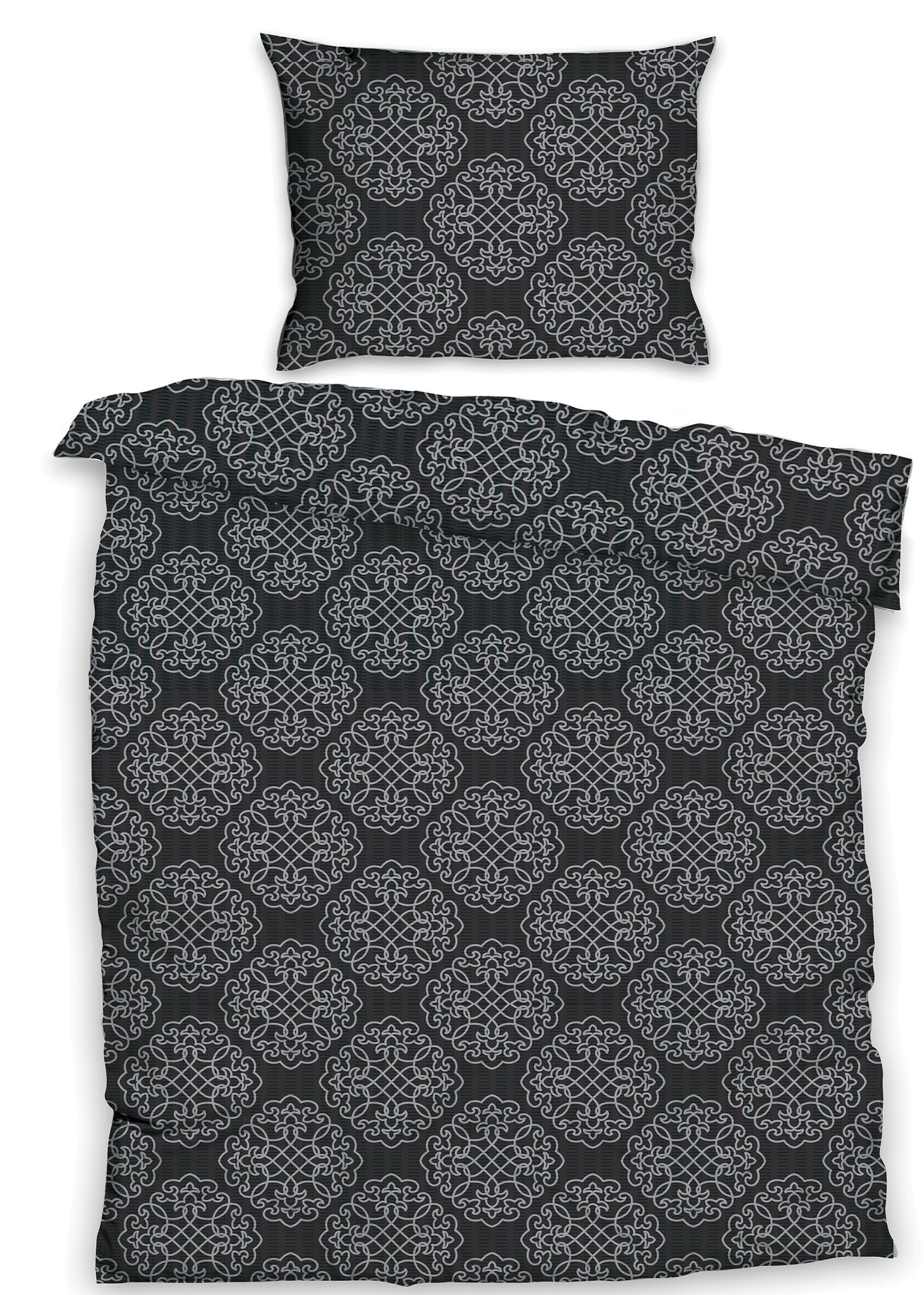 KH-Haushaltshandel Bettwäsche 2-tlg. Seersucker Bettwäsche 135x200 +80x80cm, Ornamente, Seersucker, 2 teilig, schwarz, mit silbergrau, bügelfrei