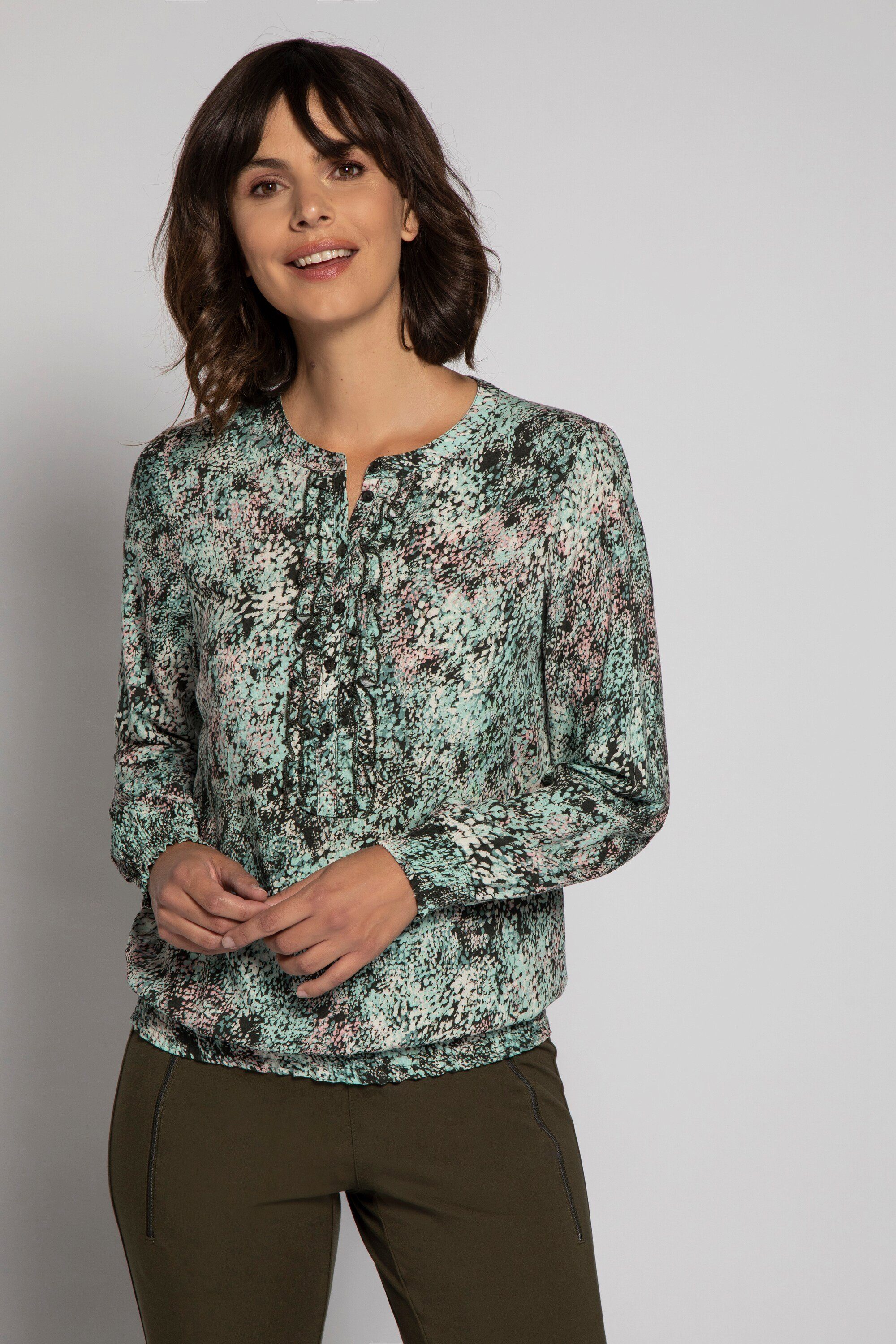 Gina Laura Longbluse Tunika gemustert Stehkragen Rüsche Langarm