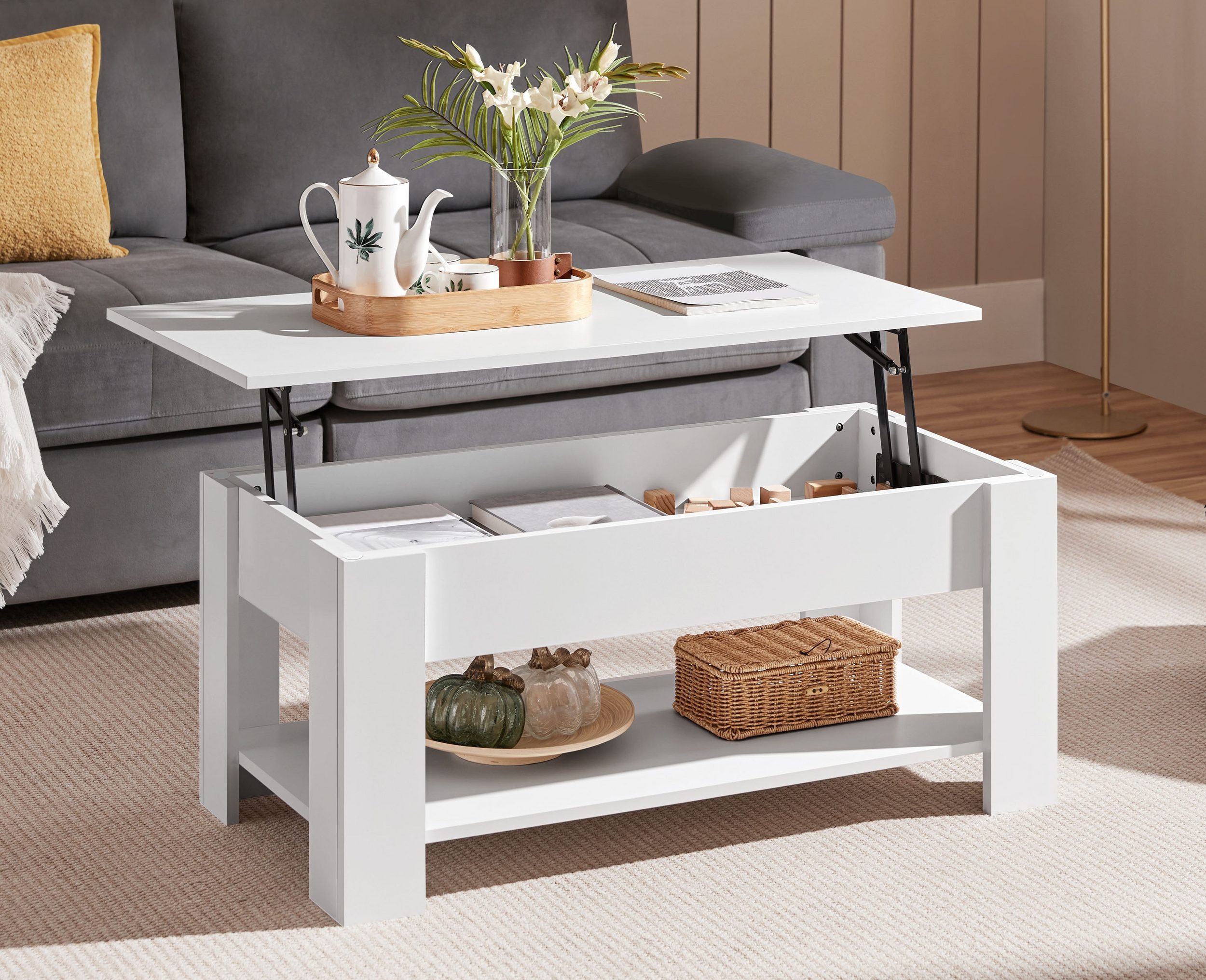 Yaheetech Couchtisch Höhenverstellbarer Kaffeetisch mit Verstecktem Stauraum und Ablage, Ausziehbarer Wohnzimmertisch Sofatisch für Wohnzimmer