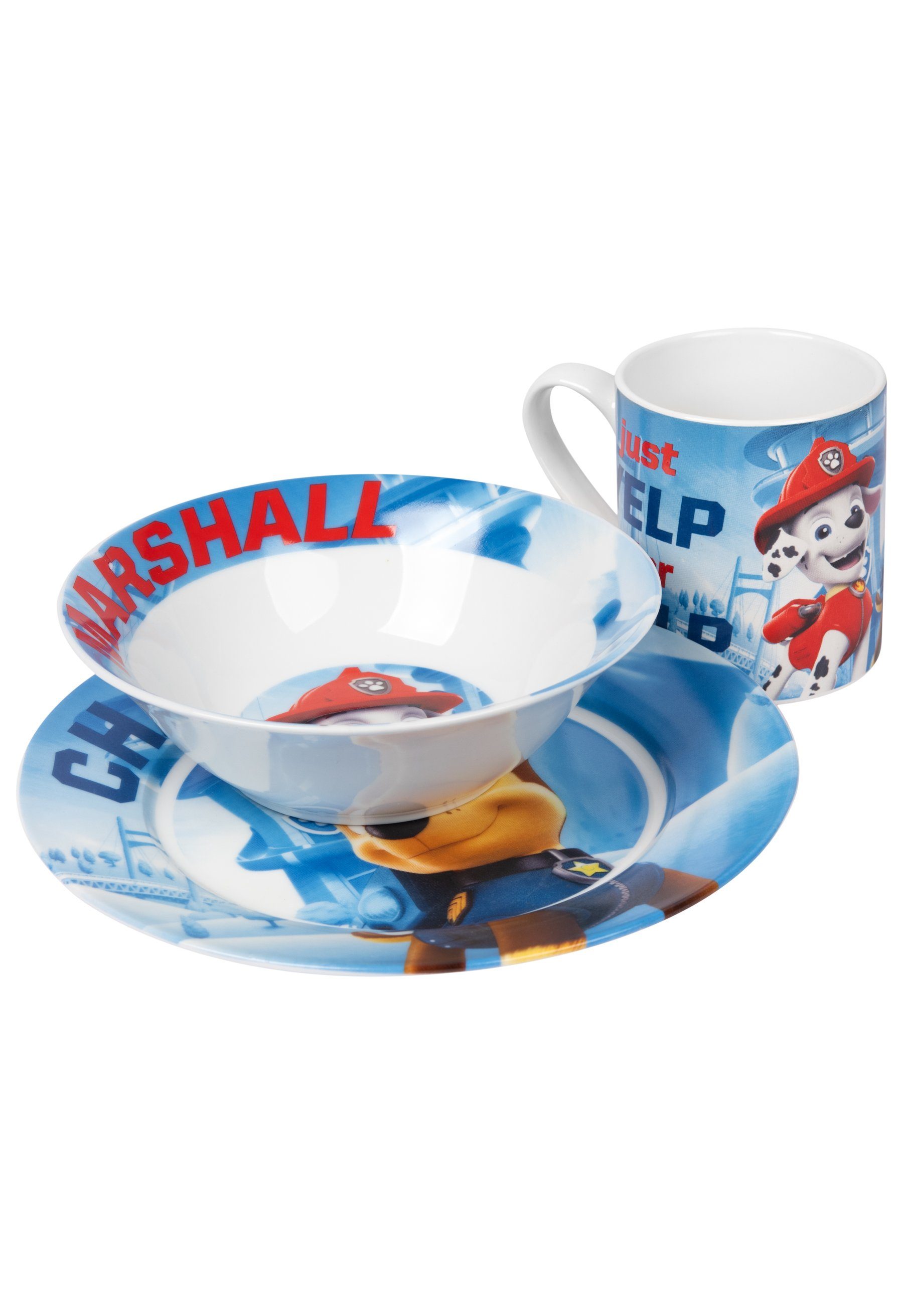 United Labels® Frühstücks-Geschirrset Paw Patrol Set Porzellan Kinder Geschirr Frühstücksset - 3-tlg, für